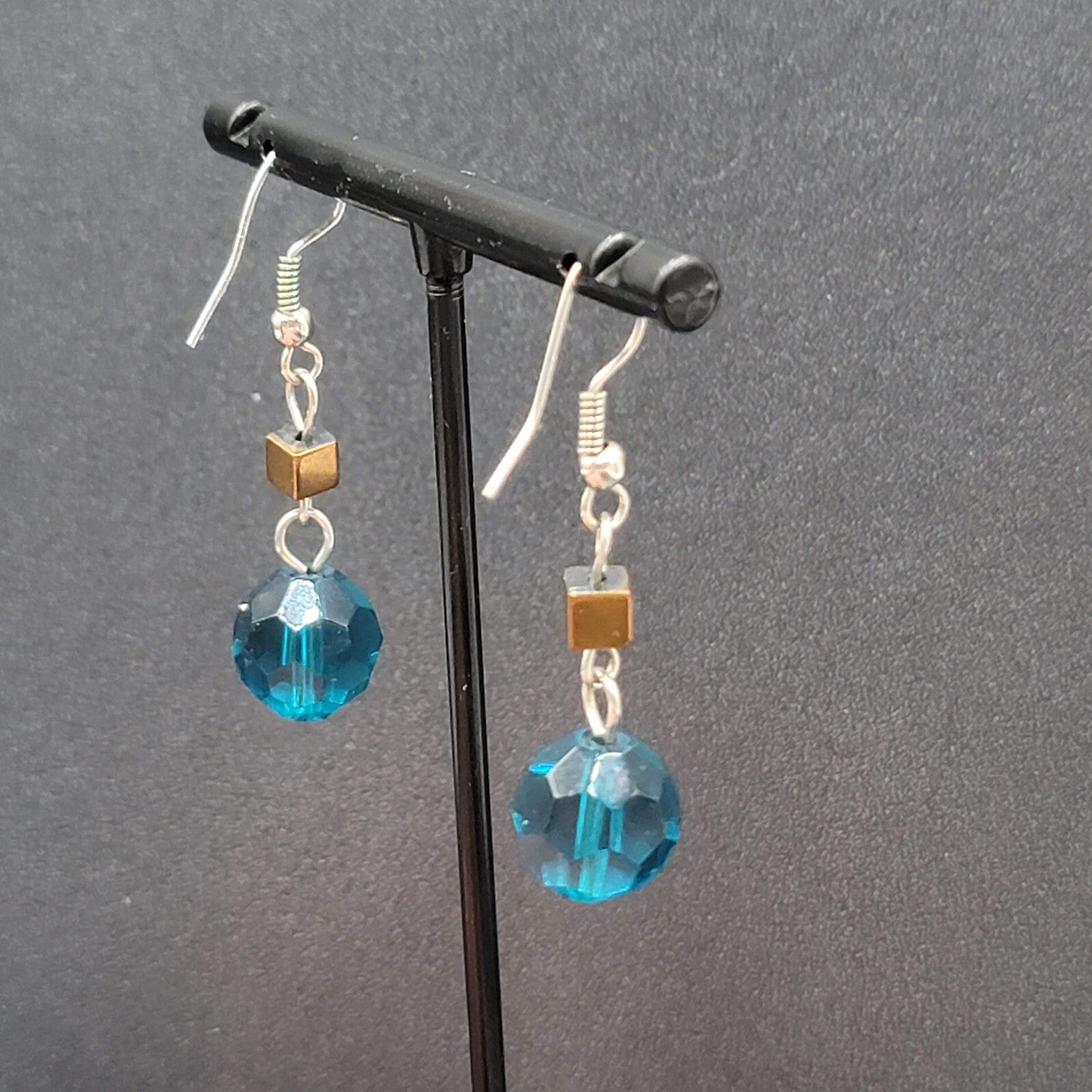 Pierced Earrings 1" Silver tone Blue Bead Copper Square Dangle 1"