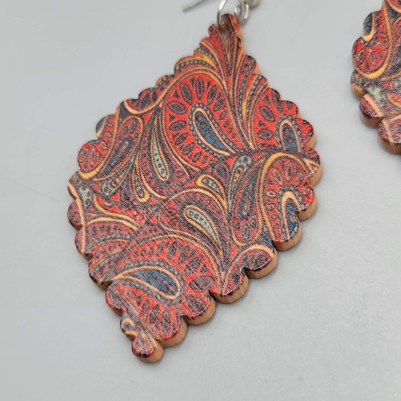 Wood Pierced Earrings Paisley Dangle 2.25"