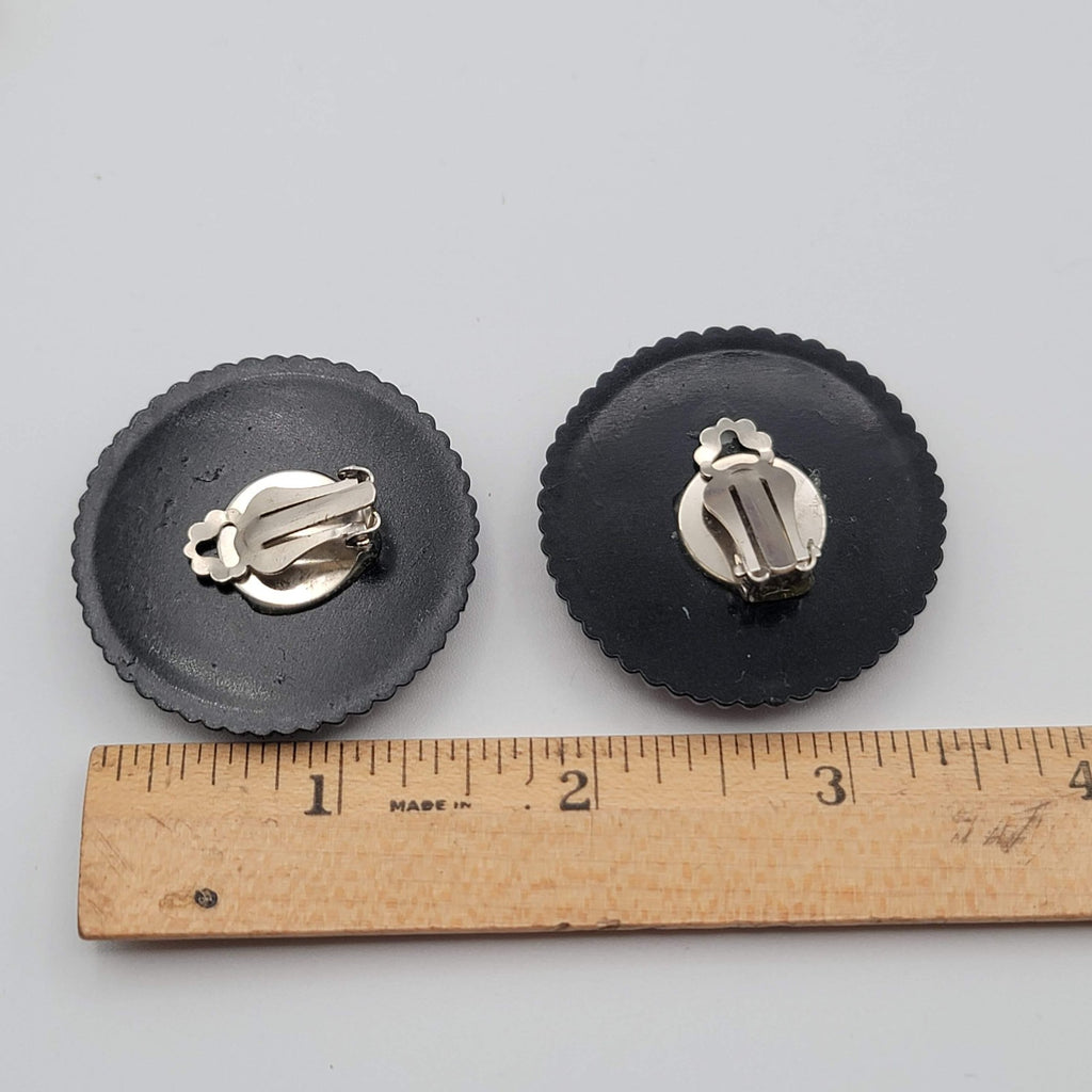 Vintage Clip on Earrings Round Hand Painted Black Gold tone Statement 1.5 in