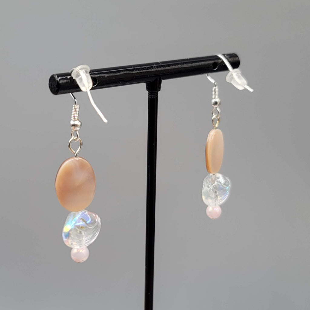 Shell Pierced Earrings Real Shell Glass Bead Dangle Silver tone 1.25"