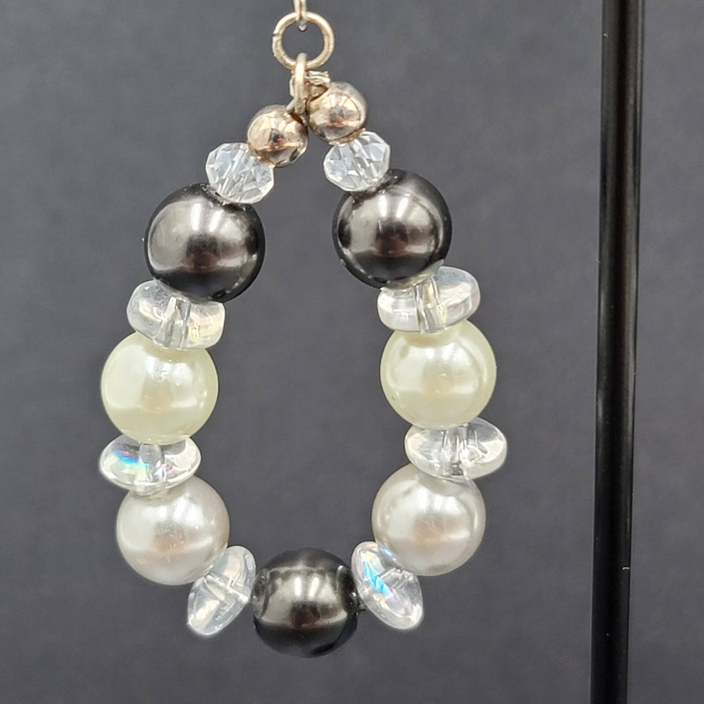 Pierced Earrings Black White Clear Beads Dangle Hoops Silver tone  1.75"