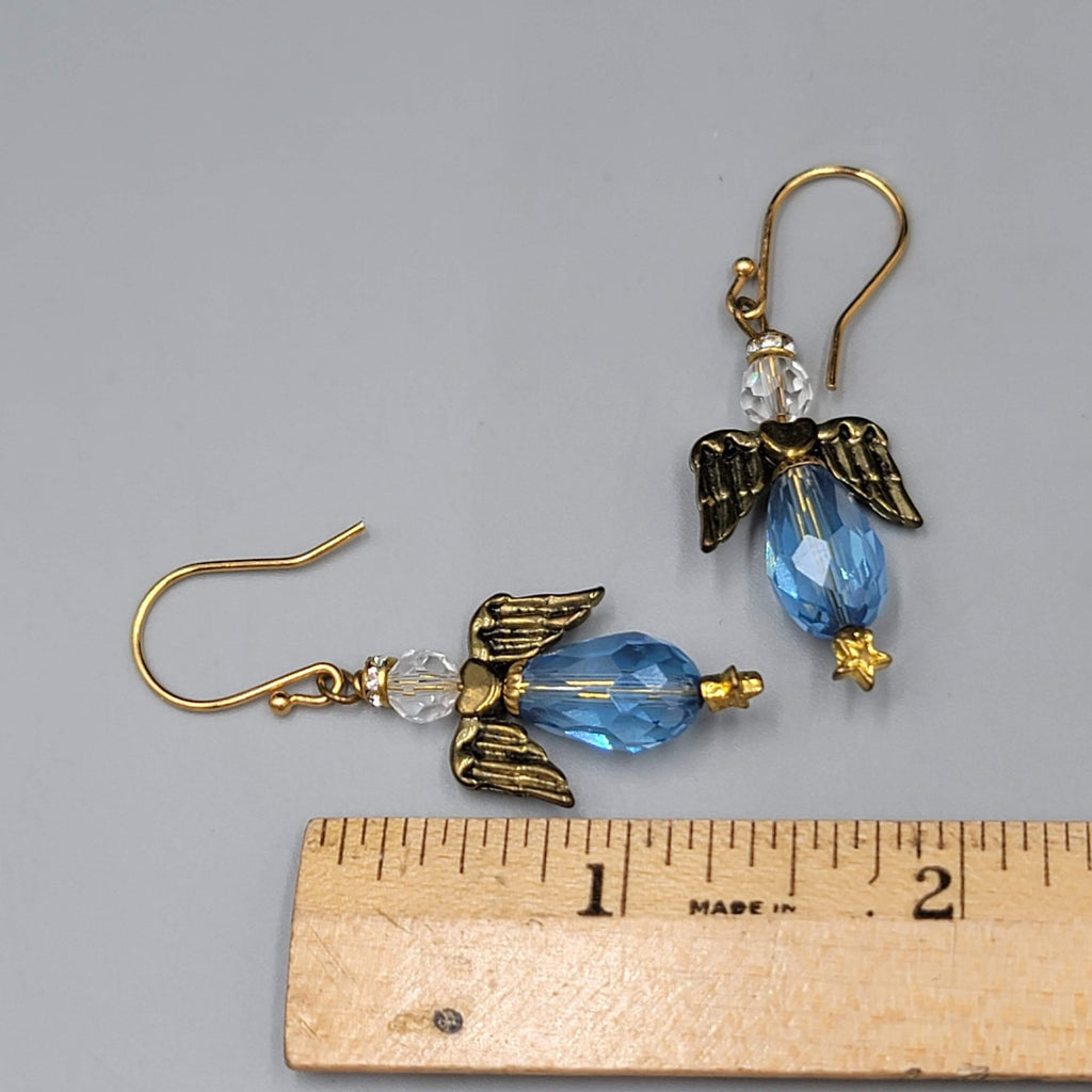 Angel Pierced Earrings Gold Tone Blue Glass Beads Dangle Hook 1.5"