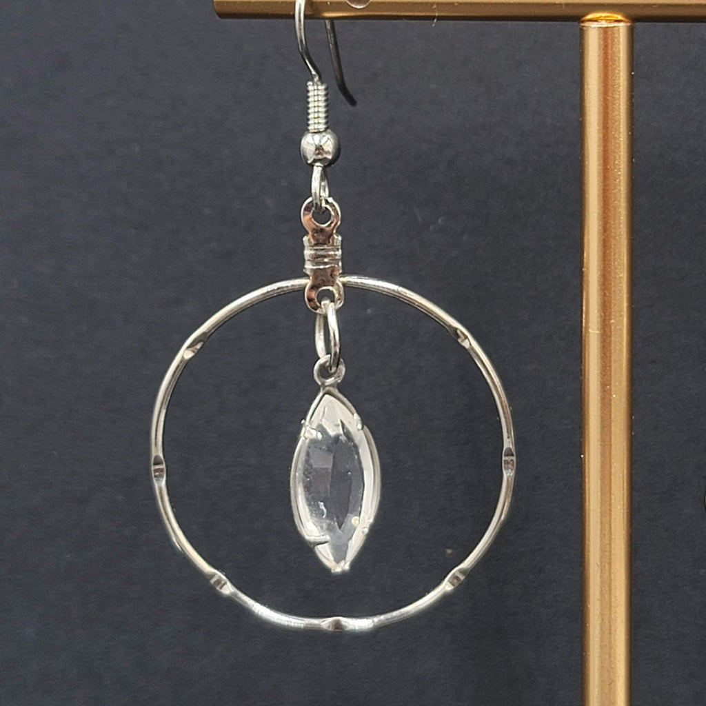 Silver tone Dangle Hoop Pierced Earrings Rhinestone Accent 1.5"