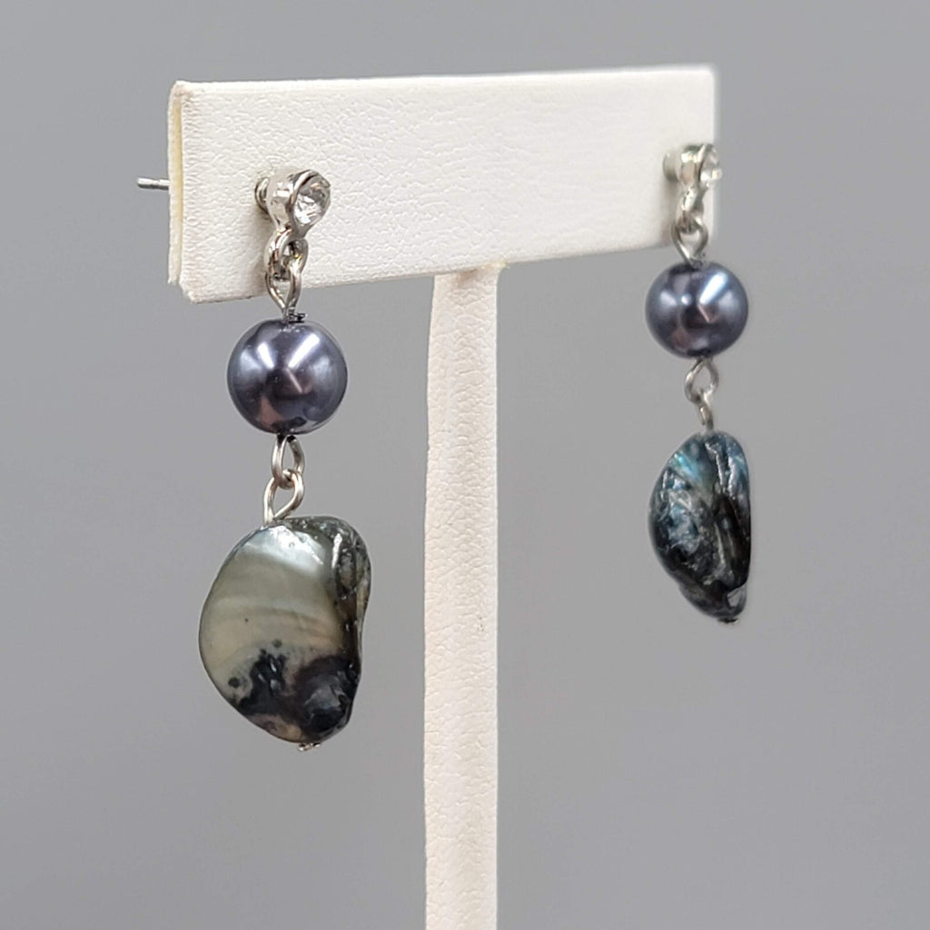 Pearl Blue Shell Pierced Earrings Silver tone Dangle 1.5"