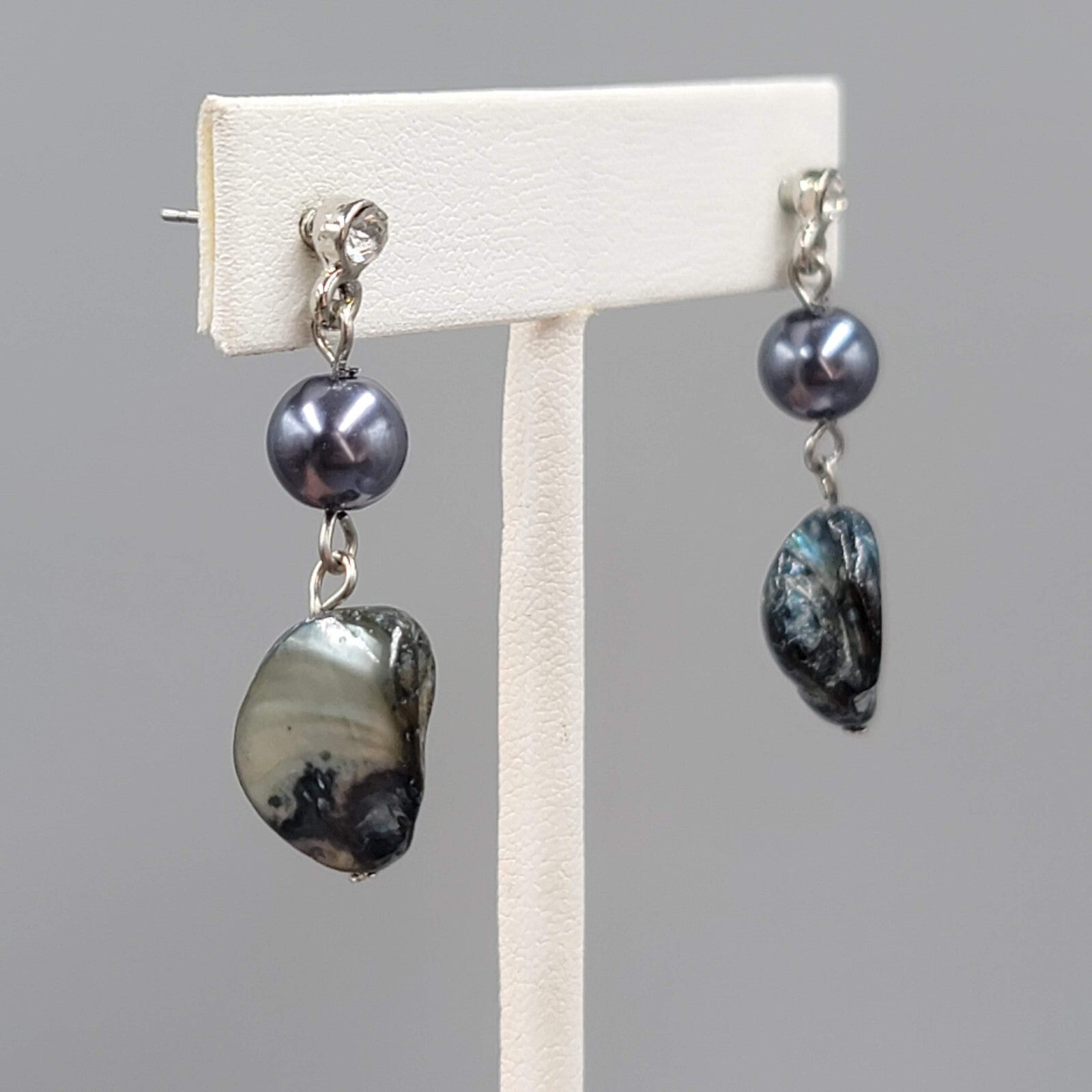 Pearl Blue Shell Pierced Earrings Silver tone Dangle 1.5"