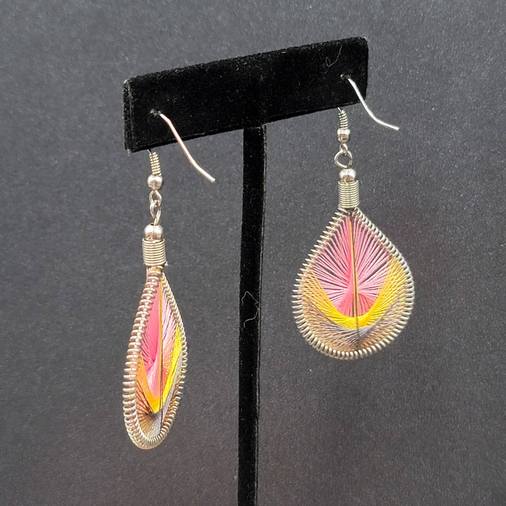 Pierced Earrings Silver tone String Art Yellow Pink Purple Teardrop 2"