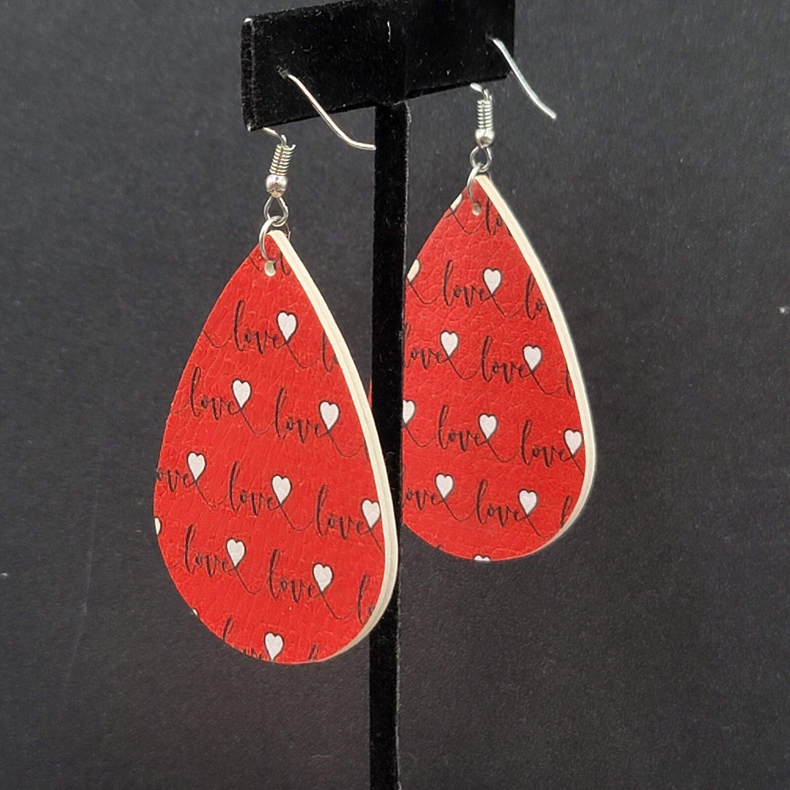 Love Pierced Earrings Faux Leather Valentines Day Teardrop Dangle 2.25"