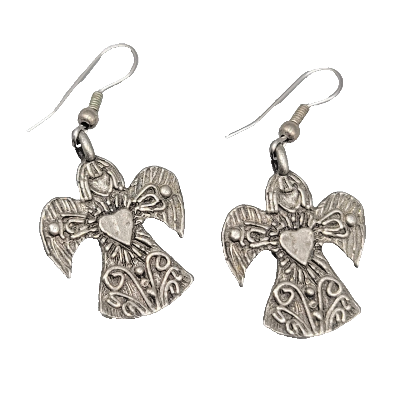 Vintage Angel Heart Pierced Earrings Pewter Silver tone Dangle  1.25 in