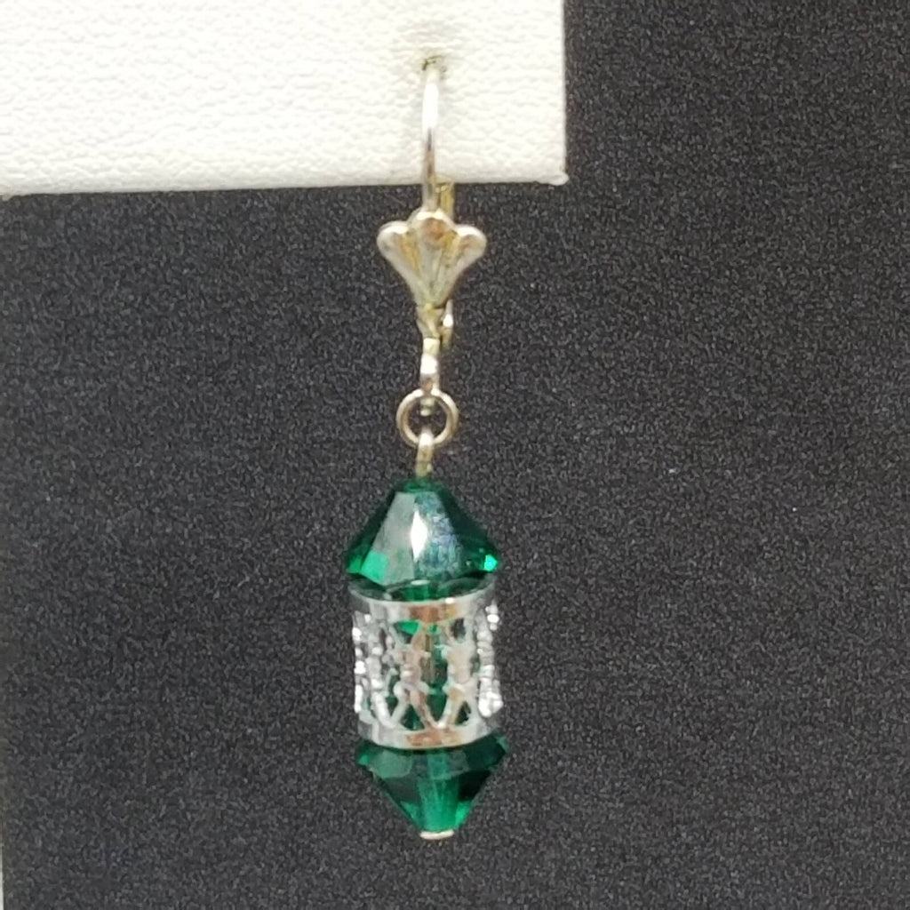 Pierced Earrings Silver tone Open Work Green Faceted Crystal Dangle 7/8"