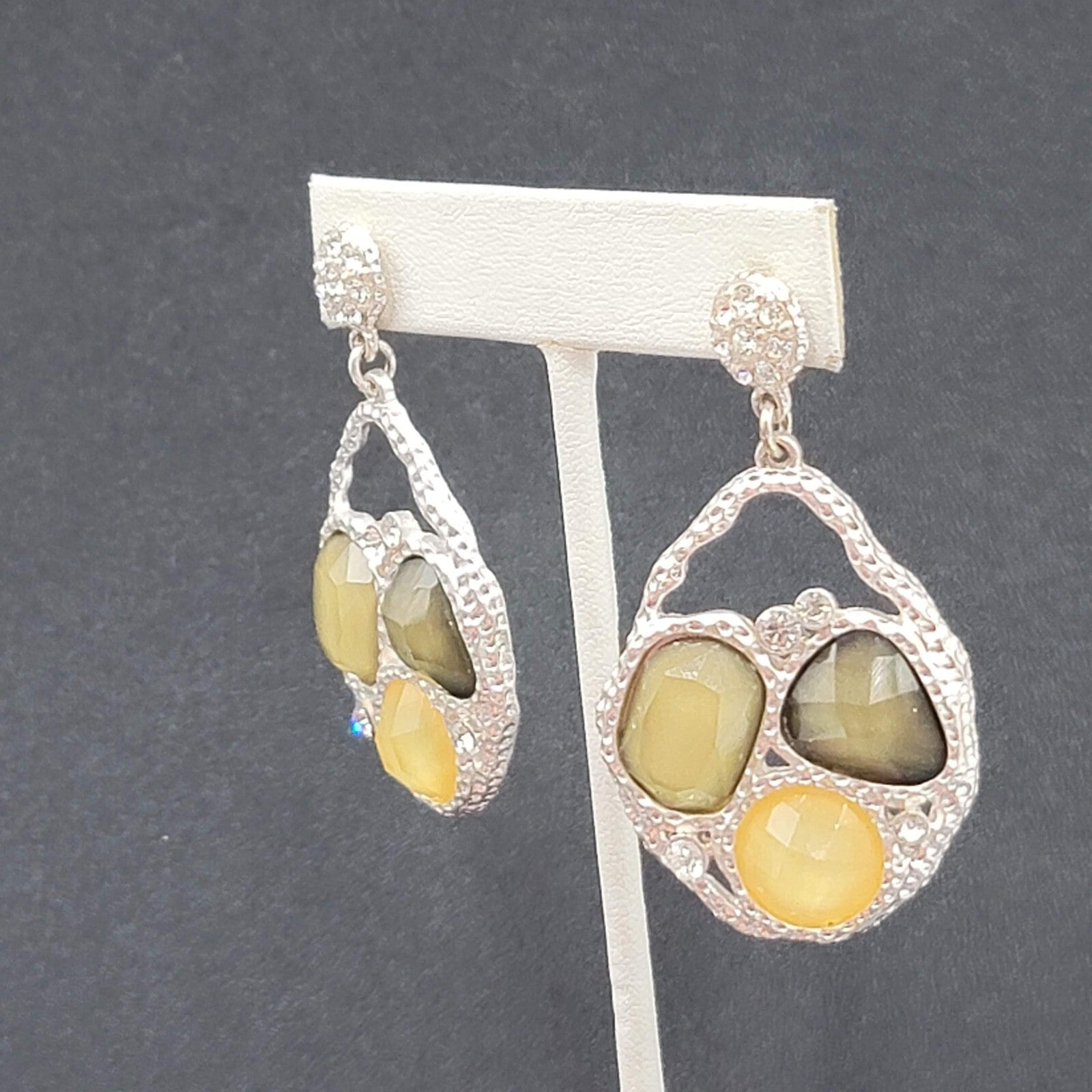 Pierced Earrings Silver tone Green Acrylic Rhinestone Statement Dangle 2.25"