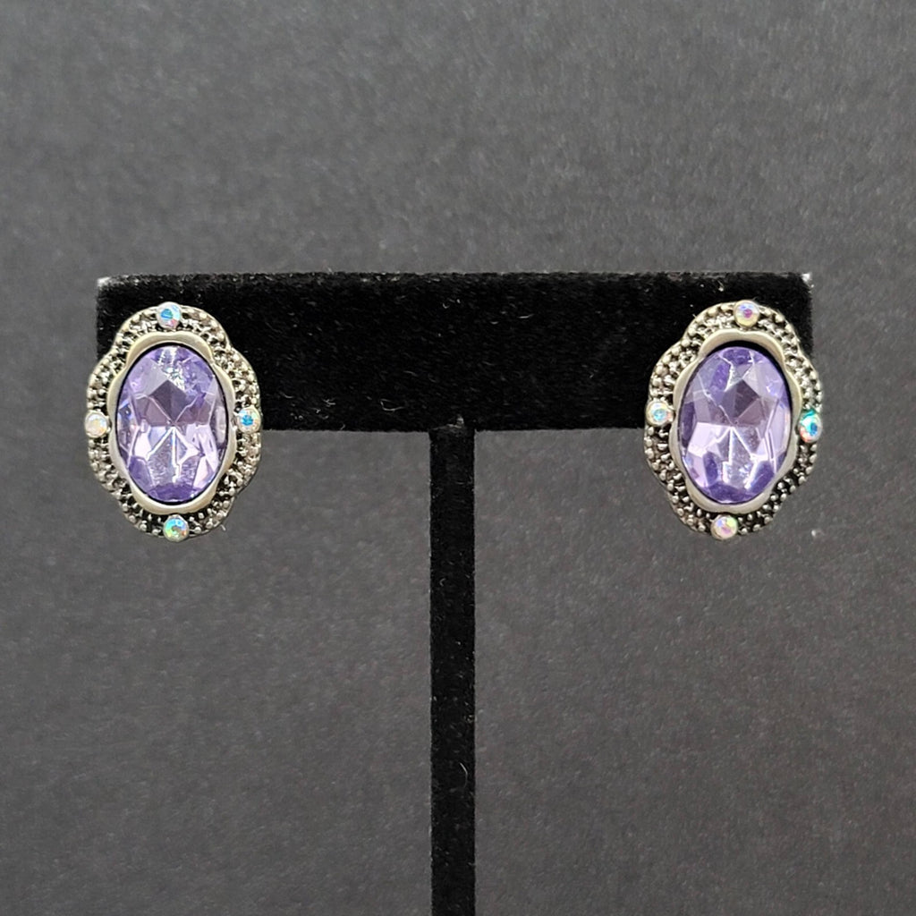 Pierced Earrings Silver tone Glass Faceted Oval Rhinestone 7/8"