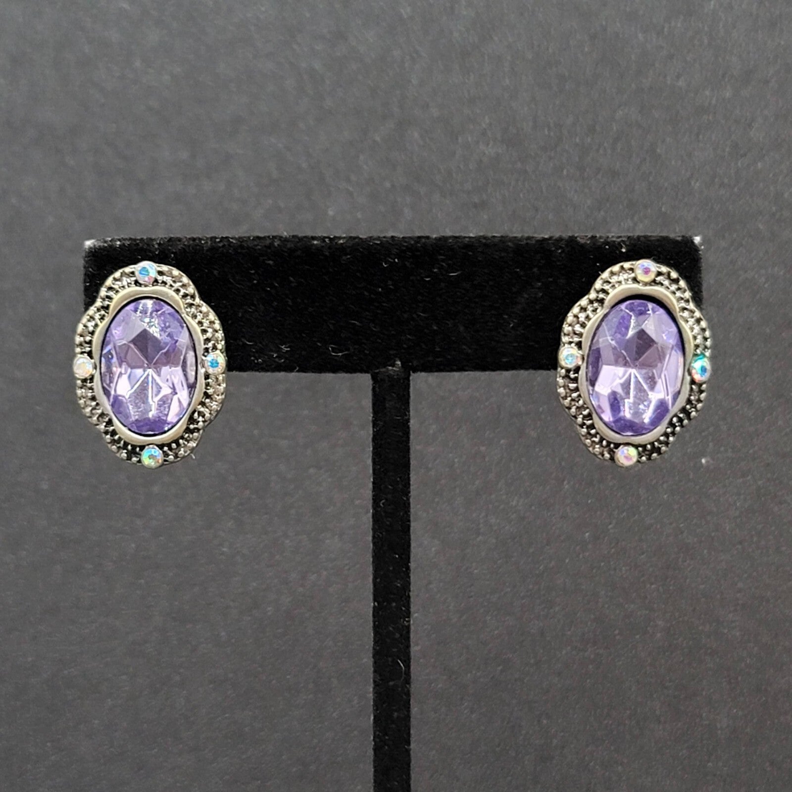 Pierced Earrings Silver tone Glass Faceted Oval Rhinestone 7/8"