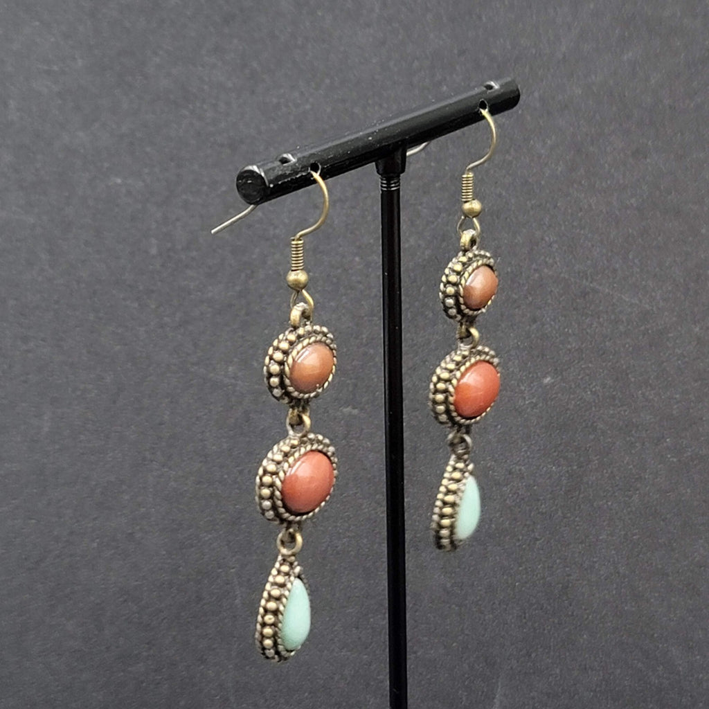 Pierced Earrings Bronze tone Dark Red Light Blue Dangle 2"