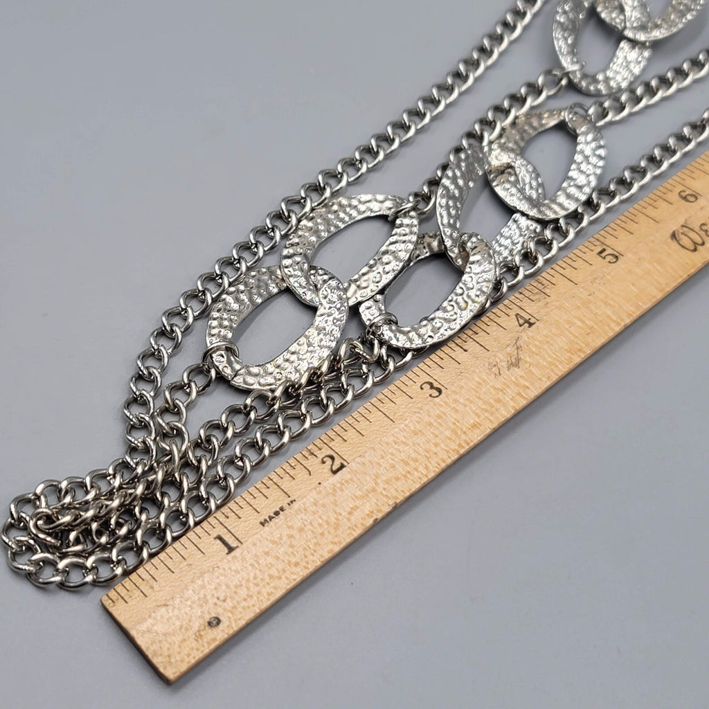 Long Double Chain Hammered Silver tone Necklace 32"