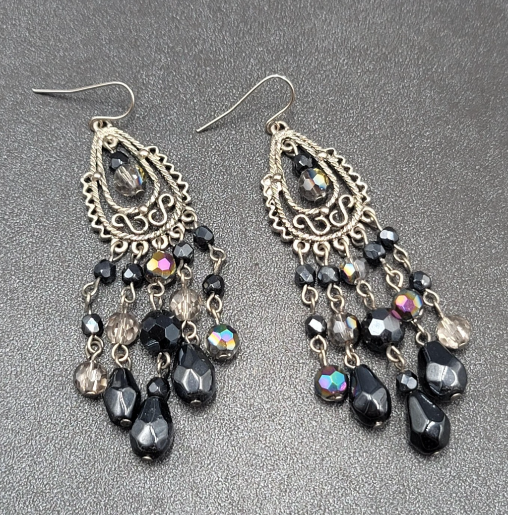 Pierced Earrings Silver tone Black AB Glass Beads Chandelier 3"