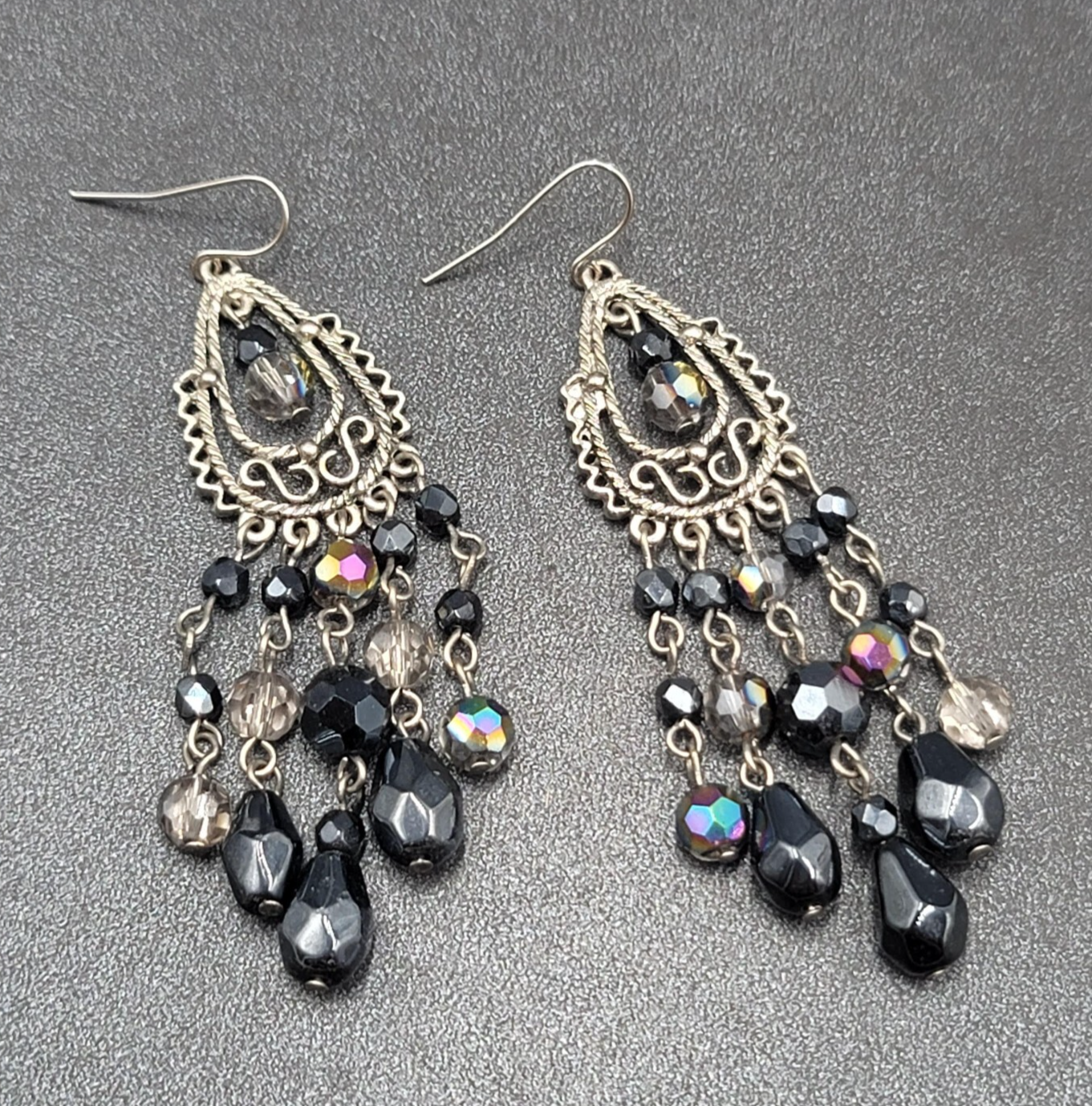 Pierced Earrings Silver tone Black AB Glass Beads Chandelier 3"