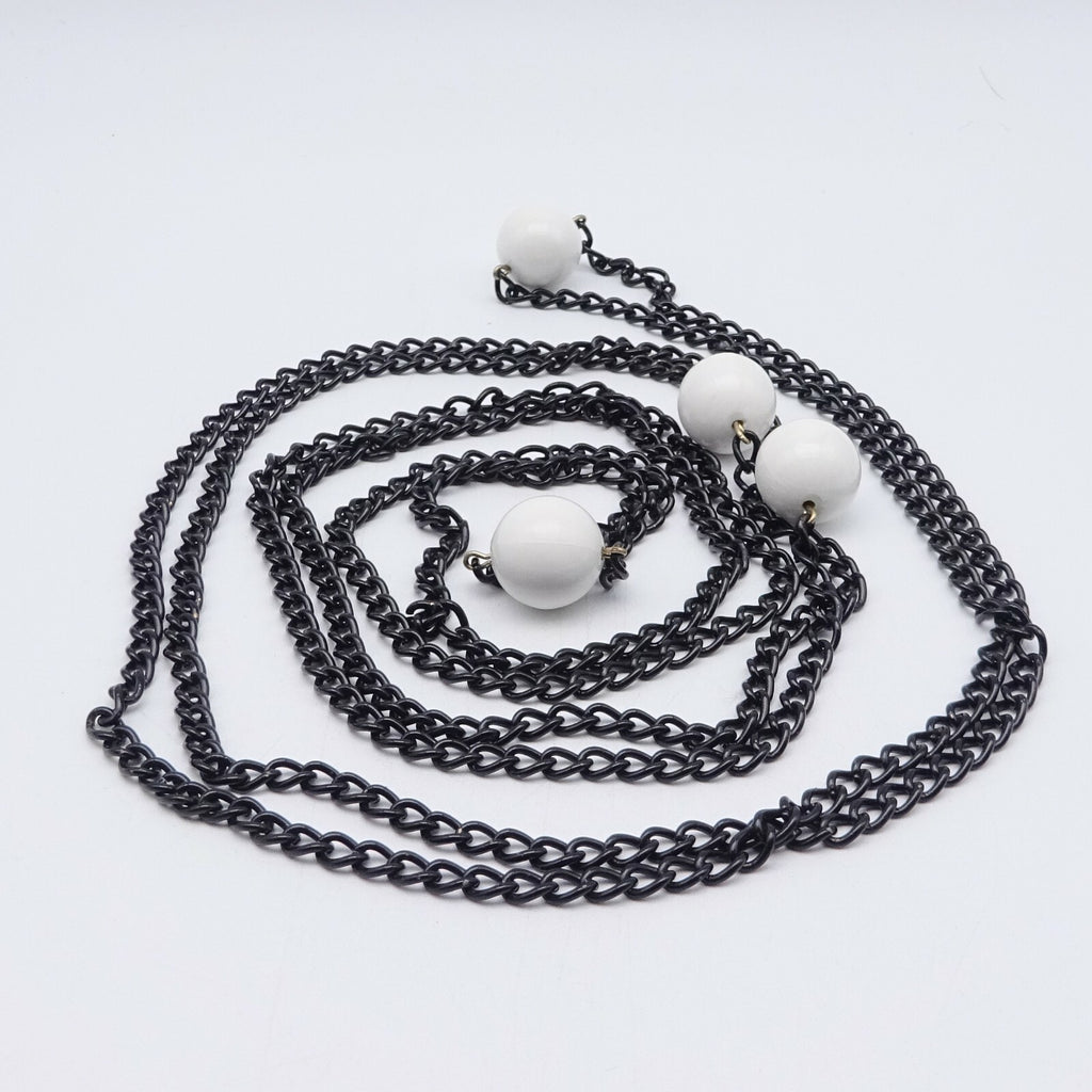 Vintage Black Chain & White Bead LONG Necklace Estate Costume Jewelry 88"