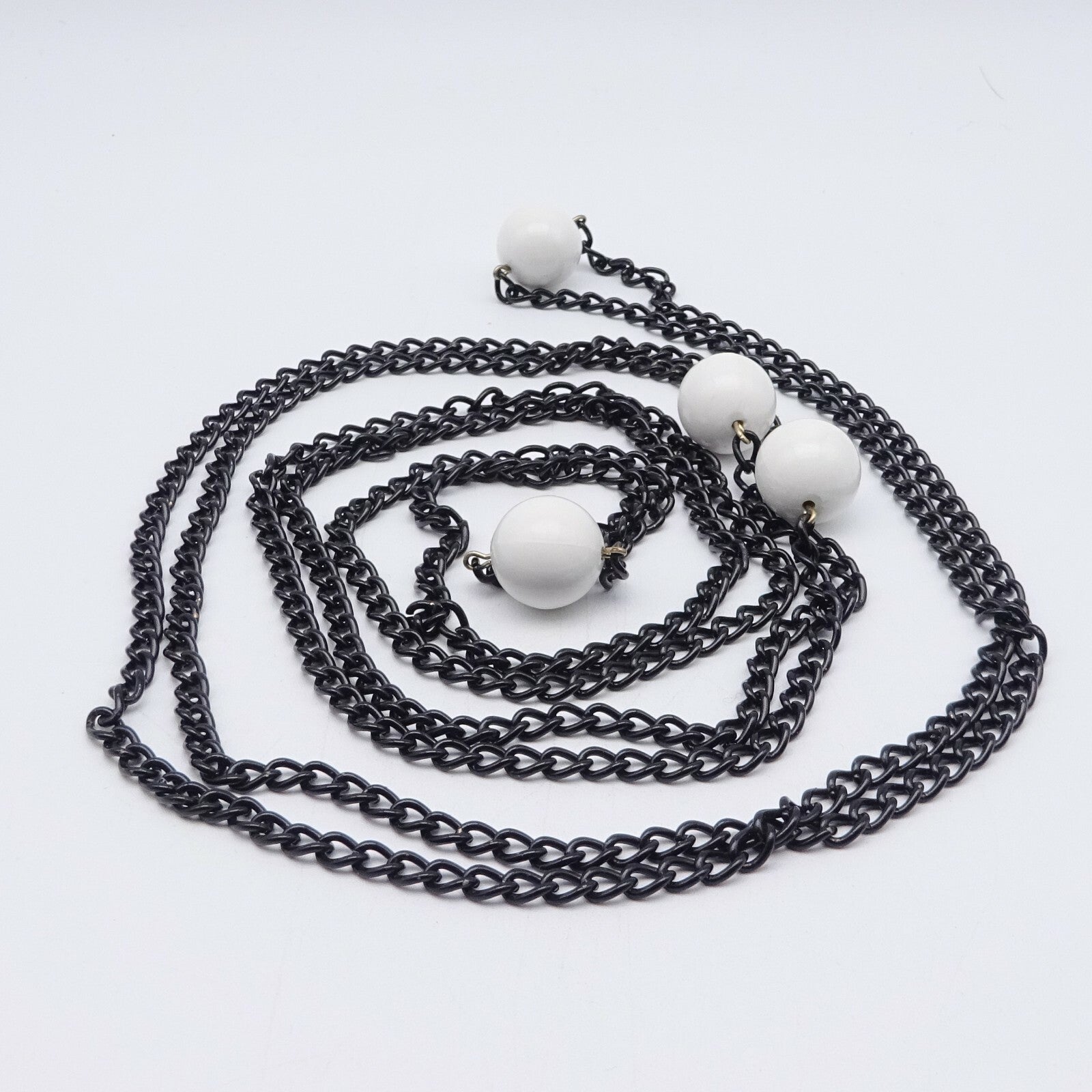 Vintage Black Chain & White Bead LONG Necklace Estate Costume Jewelry 88"