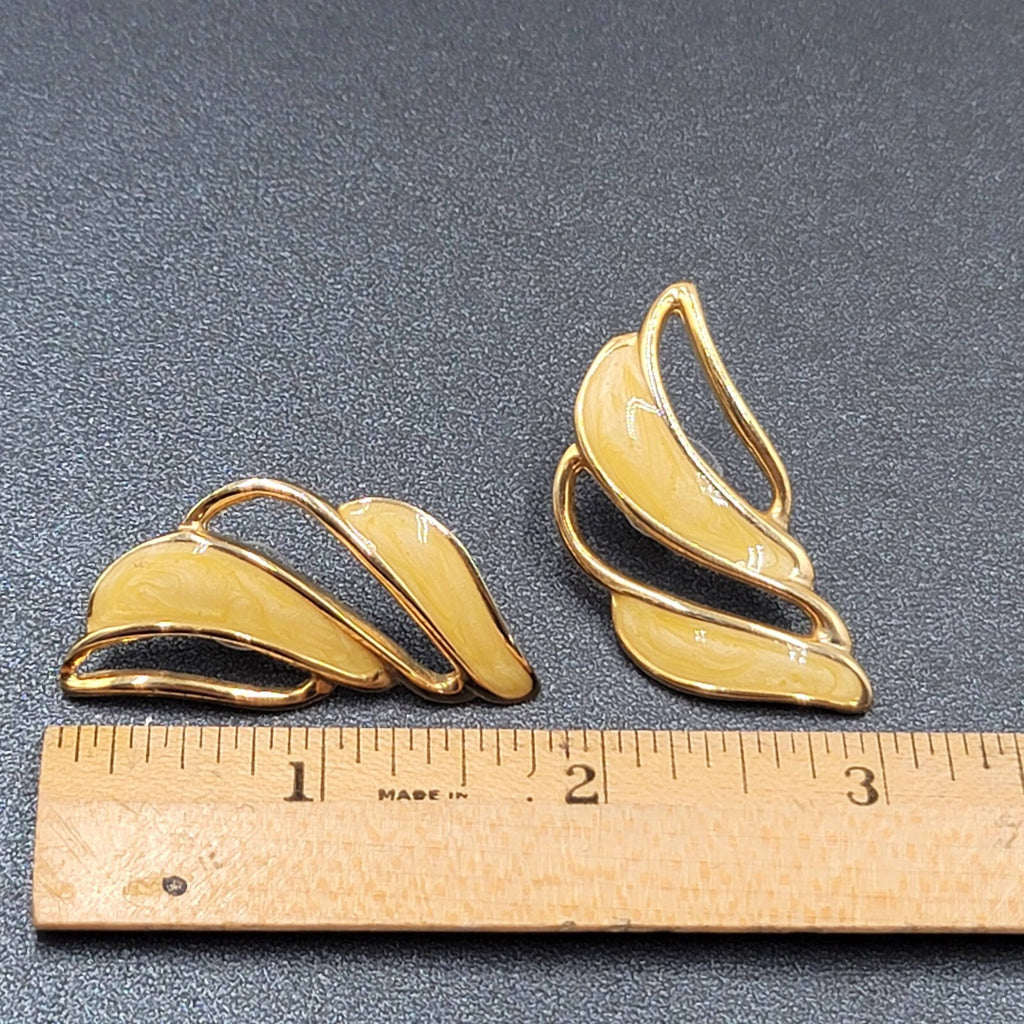 Vintage Pierced Earrings Gold tone Swirl Yellow Enamel Drop Statement 1.75"