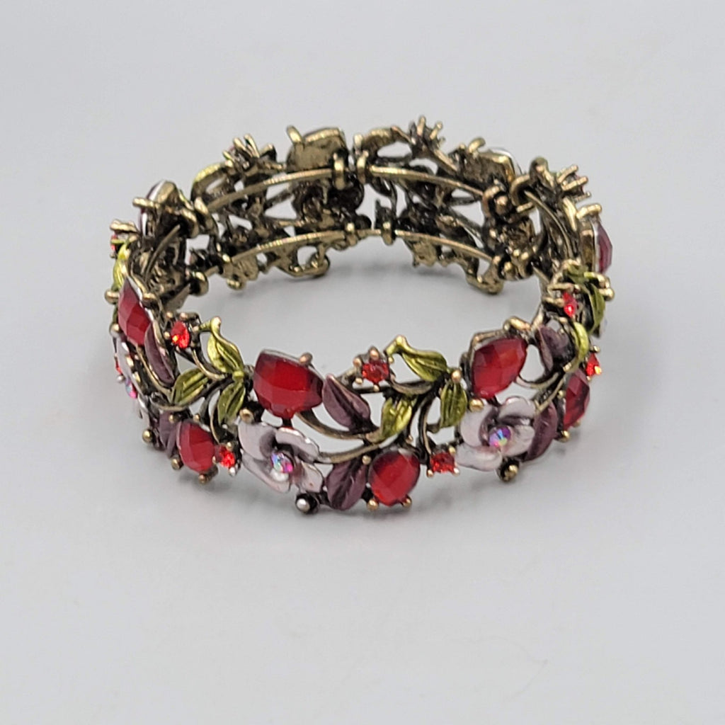 Pink Enamel Rhinestones Flowers Bracelet Bronze tone 7 in