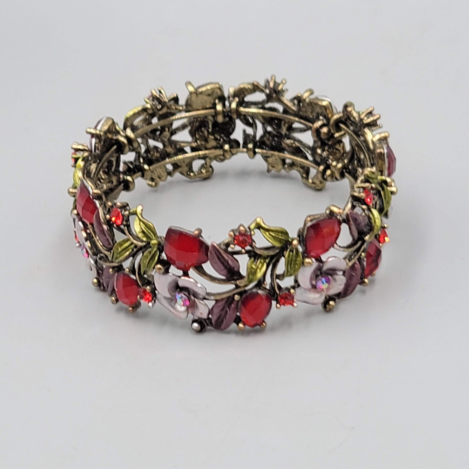 Pink Enamel Rhinestones Flowers Bracelet Bronze tone 7 in
