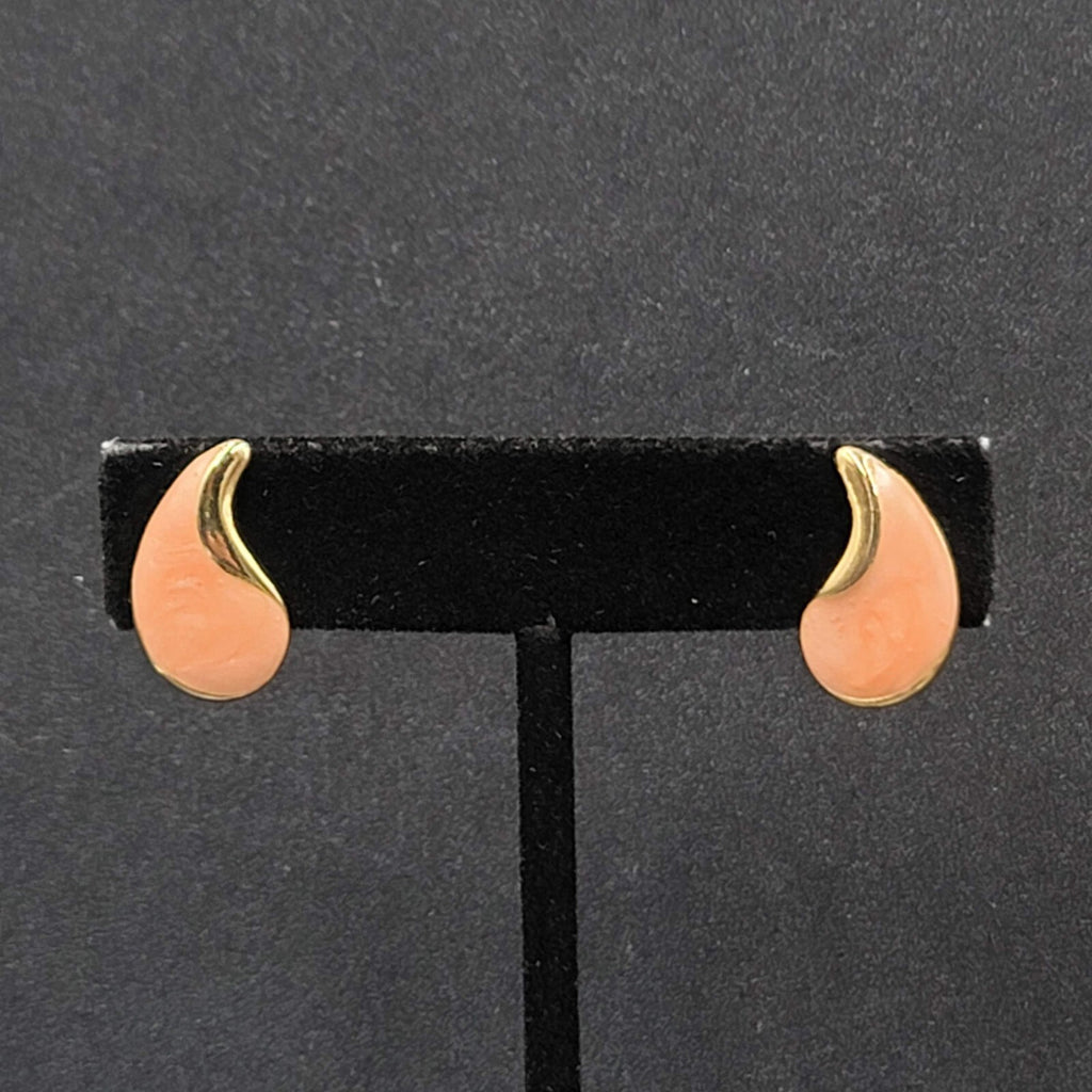 Vintage Pierced Earrings Gold tone PinkEnamel Teardrop Studs 3/4"