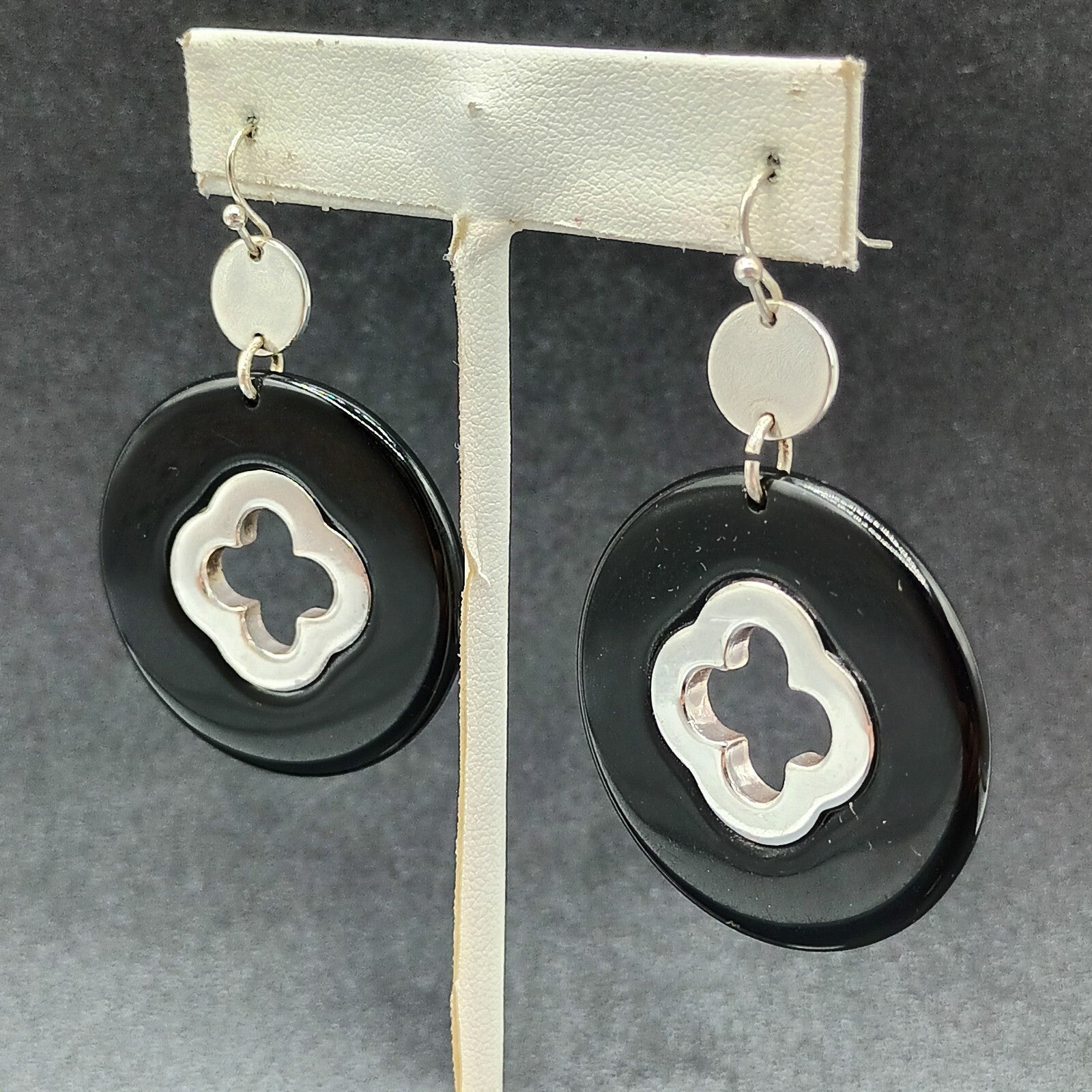 Pierced Earrings Silver tone Black Acrylic Circle Statement Dangle 2"