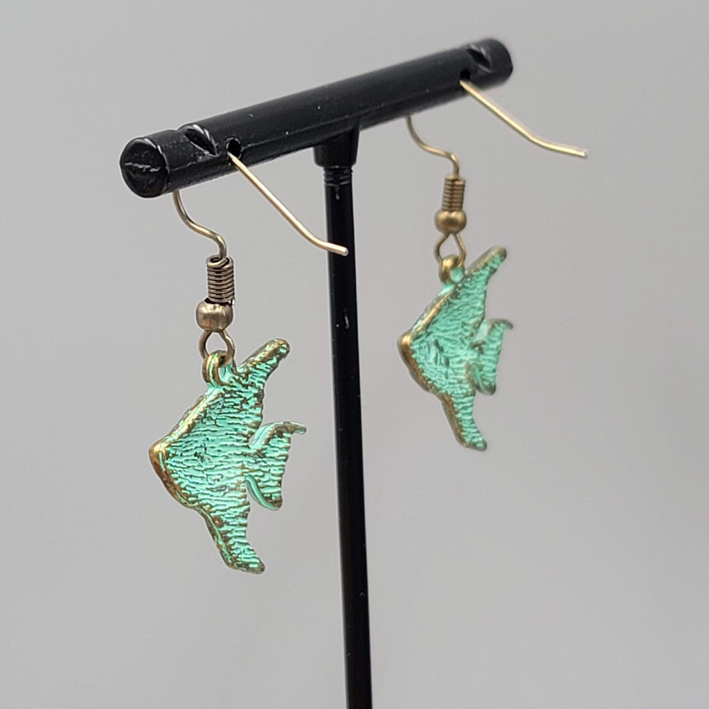 Angelfish Beach Sea life Pierced Earrings Bronze tone Green wash Dangle 3/4"