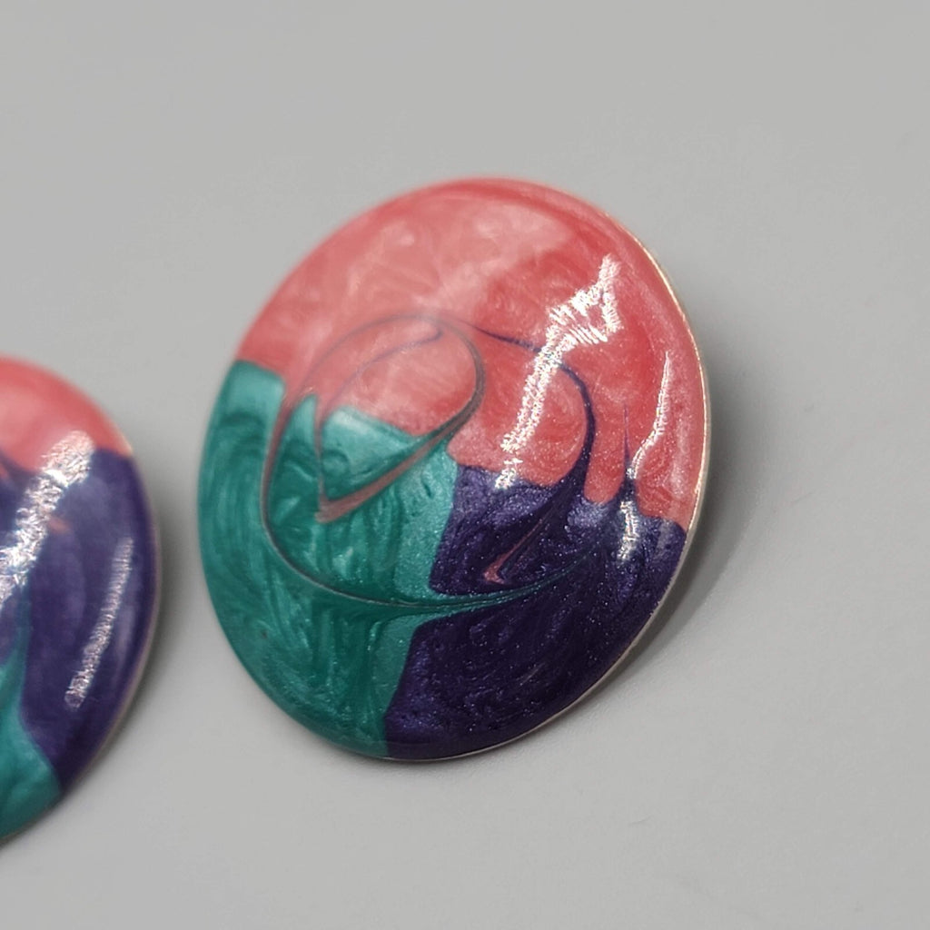 Vintage Round Enamel Pierced Earrings Pink Purple Teal Drop 1.25"