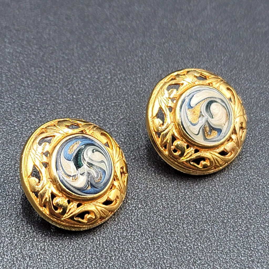 Vintage Pierced Earrings Gold Plated Blue Swirl Enamel Round Drop 1"