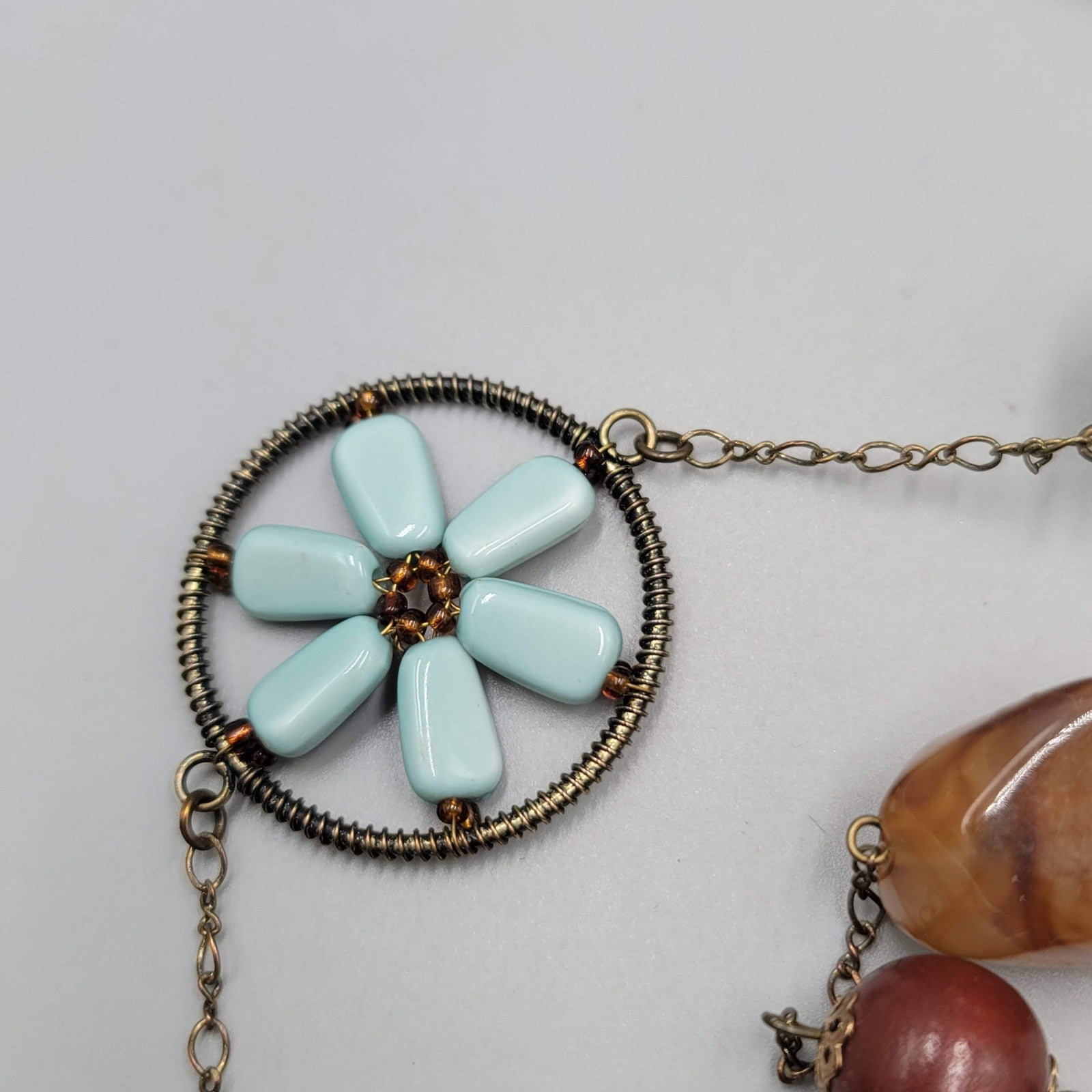 Multicolor Station Bead Necklace Green Brown Blue Flower 32"