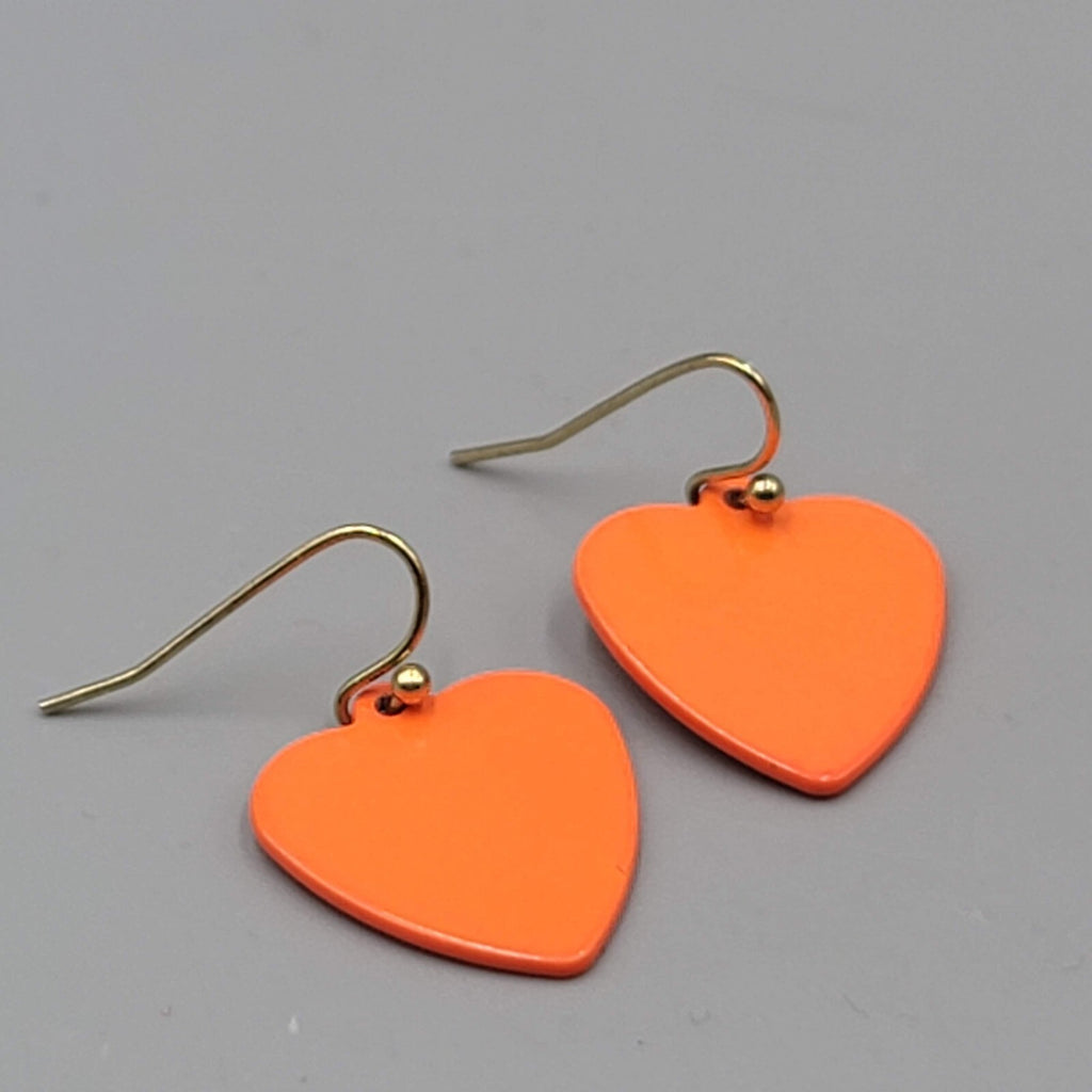 Orange Enamel Heart Pierced Earrings Dangle 3/4"
