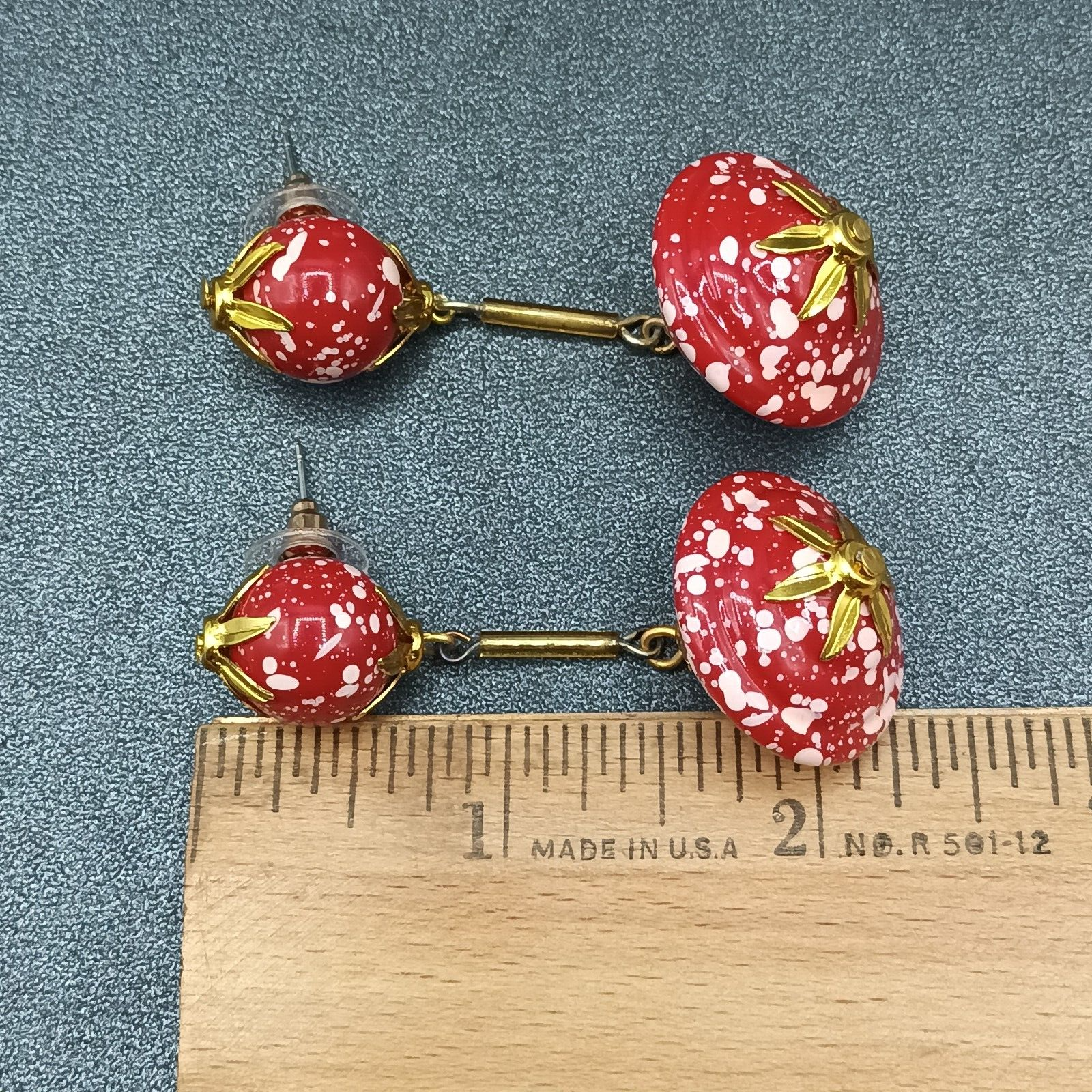 Vintage Pierced Earrings Gold tone Red White Acrylic Large Bead Dangle 2 1/2"