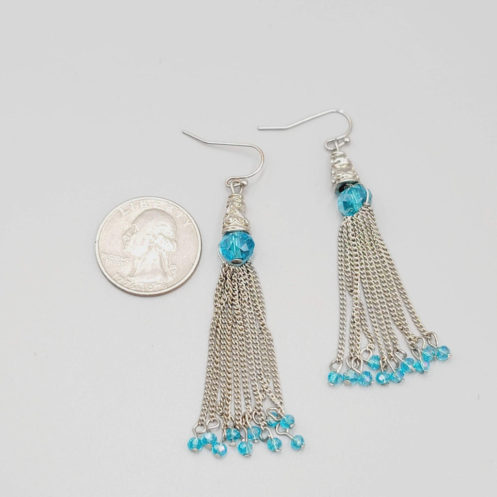 Dangle Chains Pierced Earrings Blue Crystal Beads Tassel 2.5"