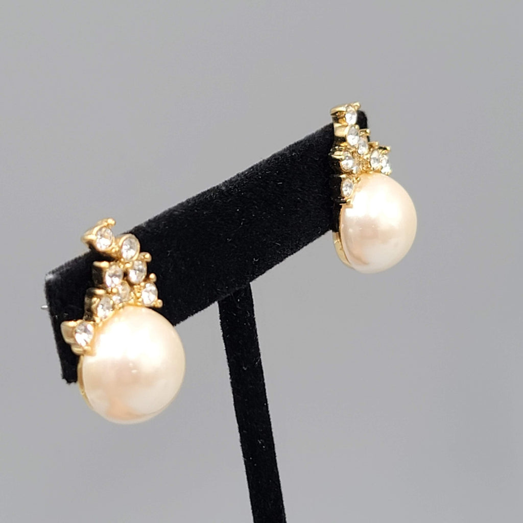 Faux Pearl Crystal Rhinestone Pierced Earrings Gold tone Drop 7/8 in