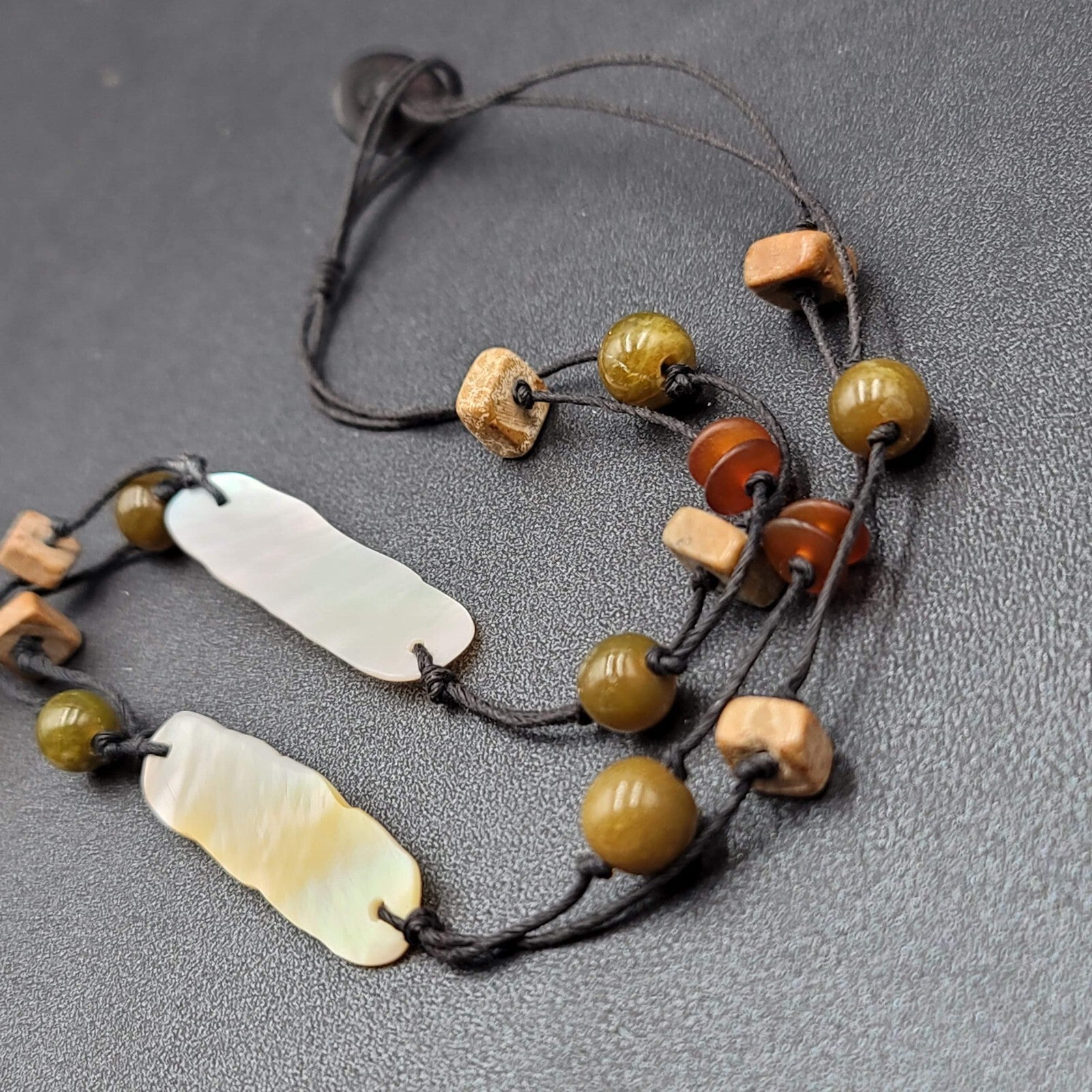 Necklace Glass Bead Shell Gemstone Bead on Black Cord 21"