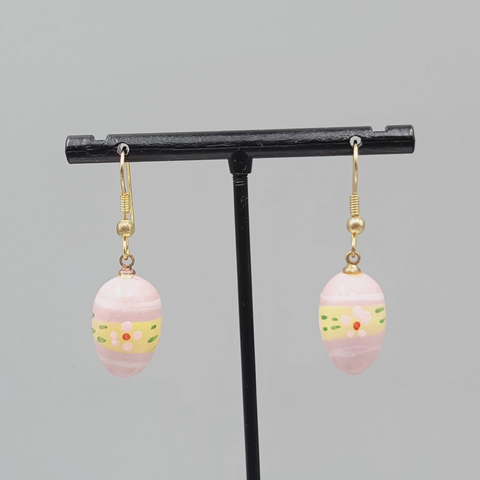 Vintage Pink Easter Egg Pierced Earrings Hand Painted Wood Dangle 7/8"