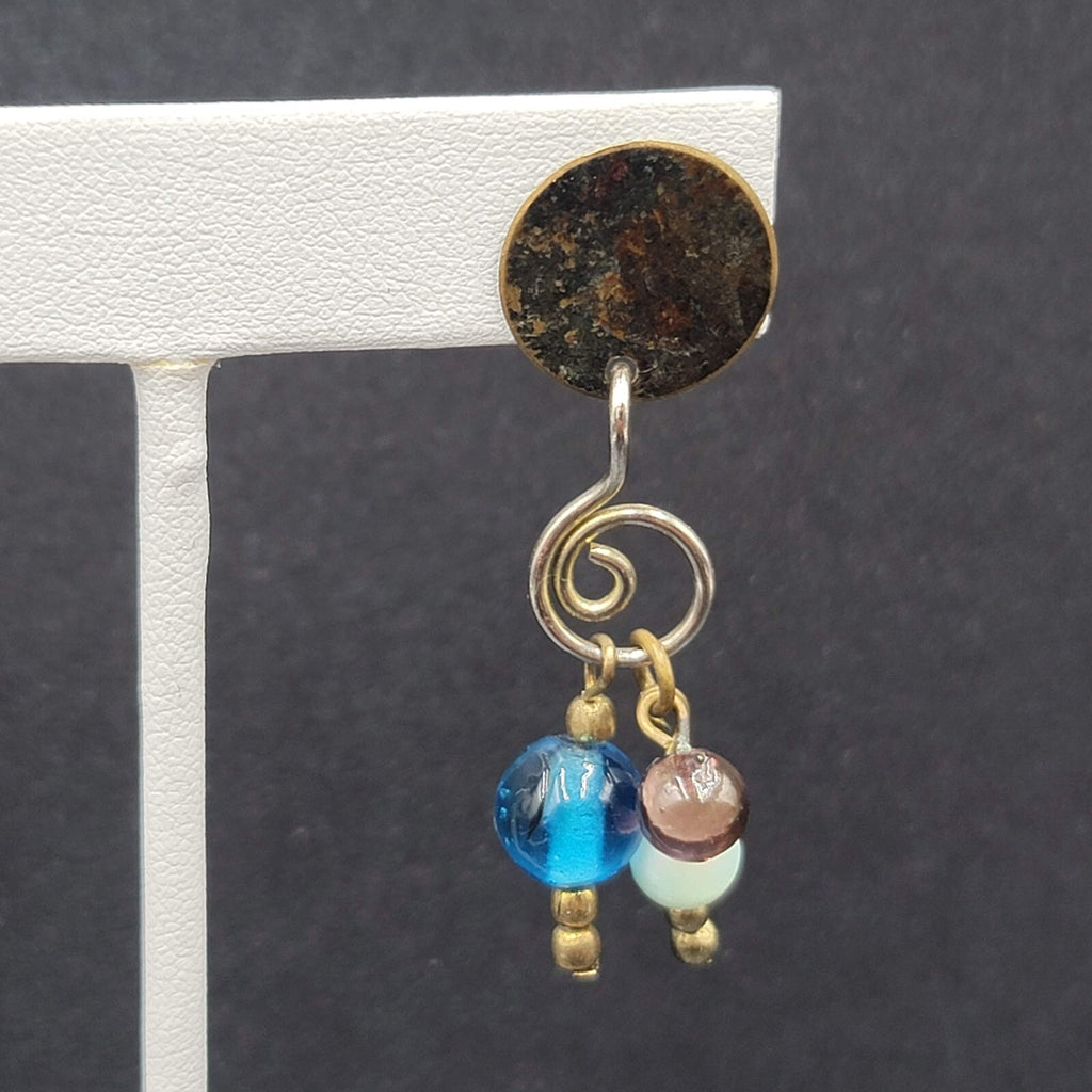 Pierced Earrings Tri tone Metals Glass Bead Modernist Dangle 1.75"