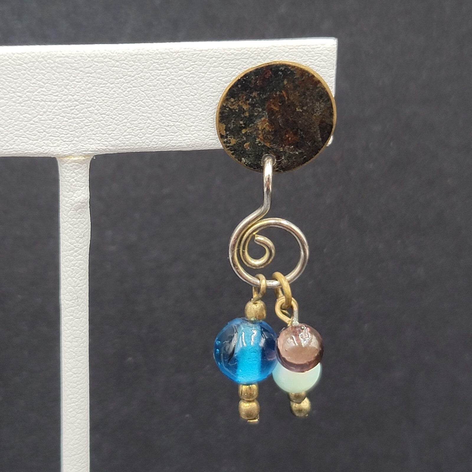 Pierced Earrings Tri tone Metals Glass Bead Modernist Dangle 1.75"
