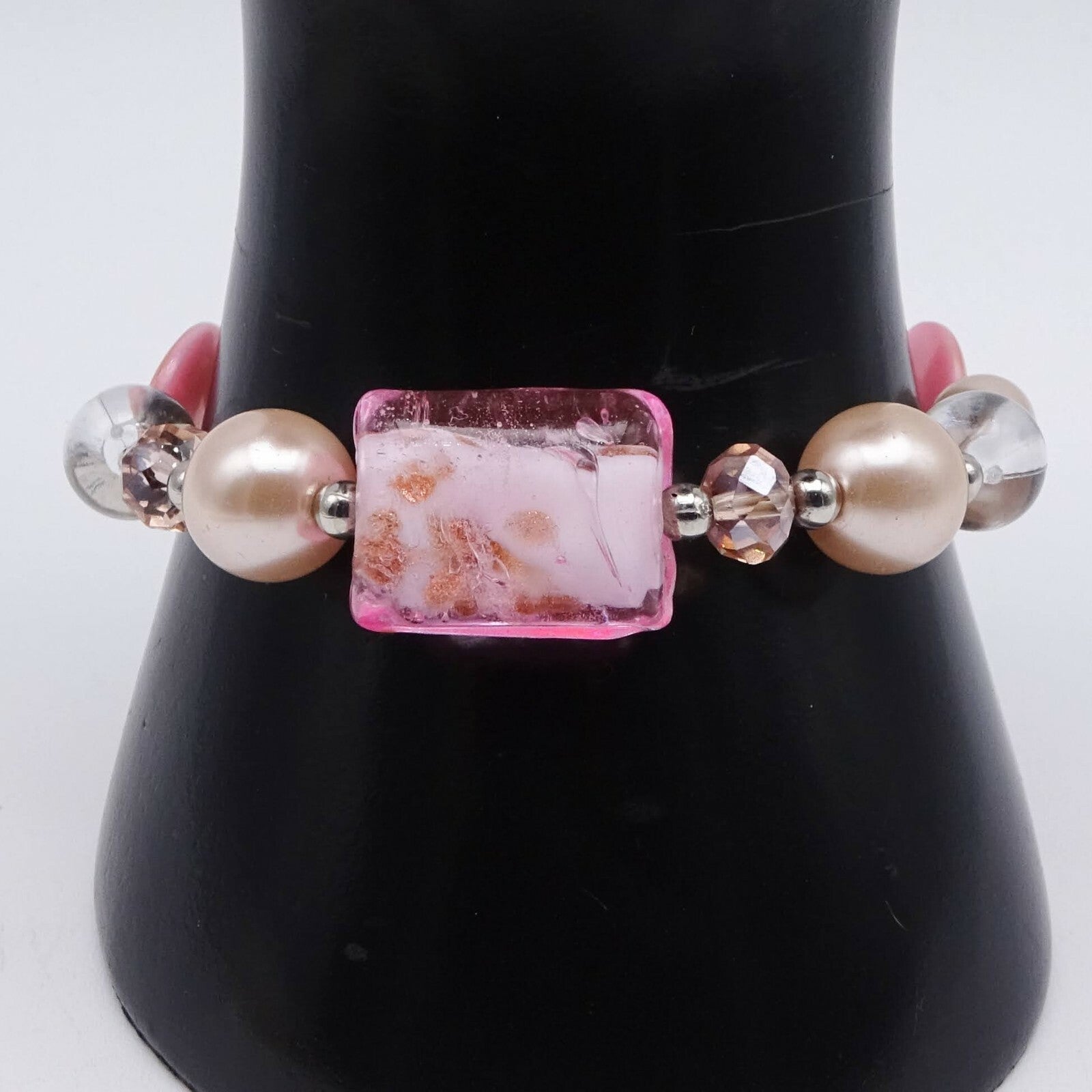 Pink Art Glass Bracelet Shell Faux Pearl Stretch Elastic Silver tone