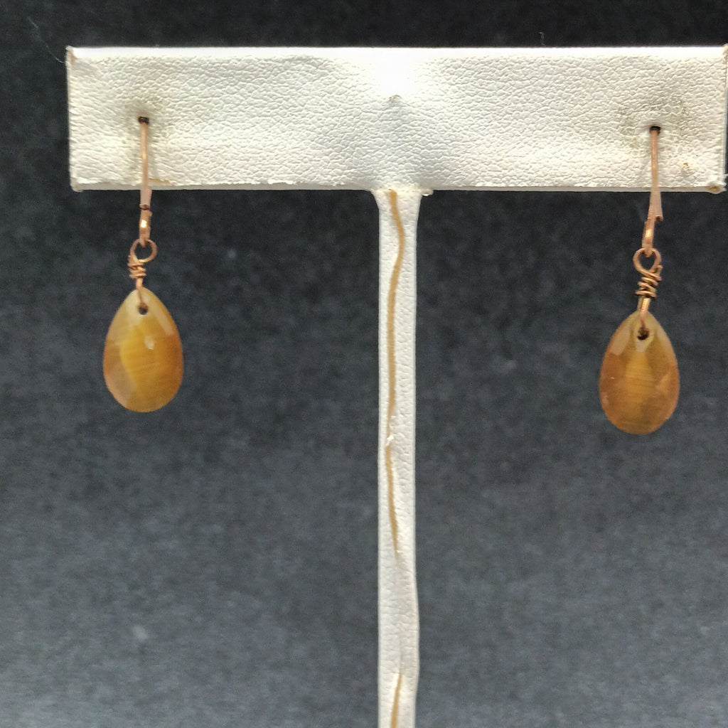 Pierced Earrings Faceted Yellow Chatoyant Glass Teardrop Copper tone Dangle 1/2"