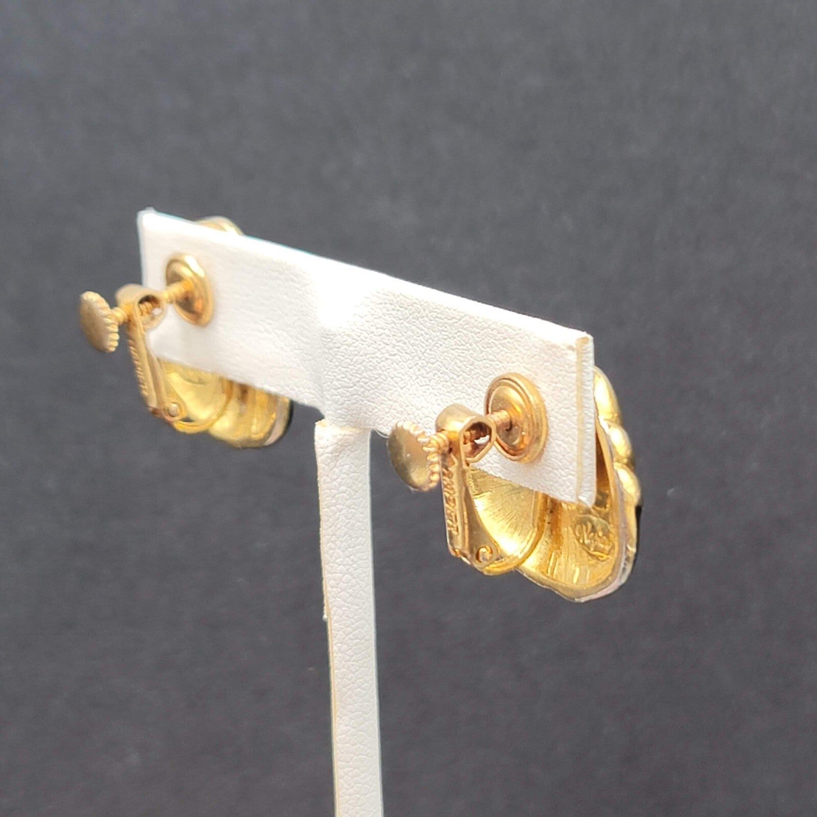 Vintage Napier Clip on Earrings Gold tone Black Enamel Screw Back 7/8"