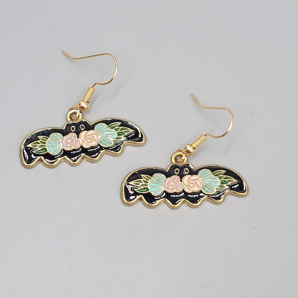 Pierced Earrings Gold tone Enamel Red Rose Moth Dangle 1/2"