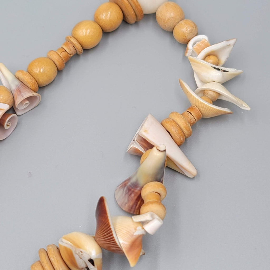 Vintage Necklace Wood Bead Shell Pieces LONG Unique Beach Summer 40"
