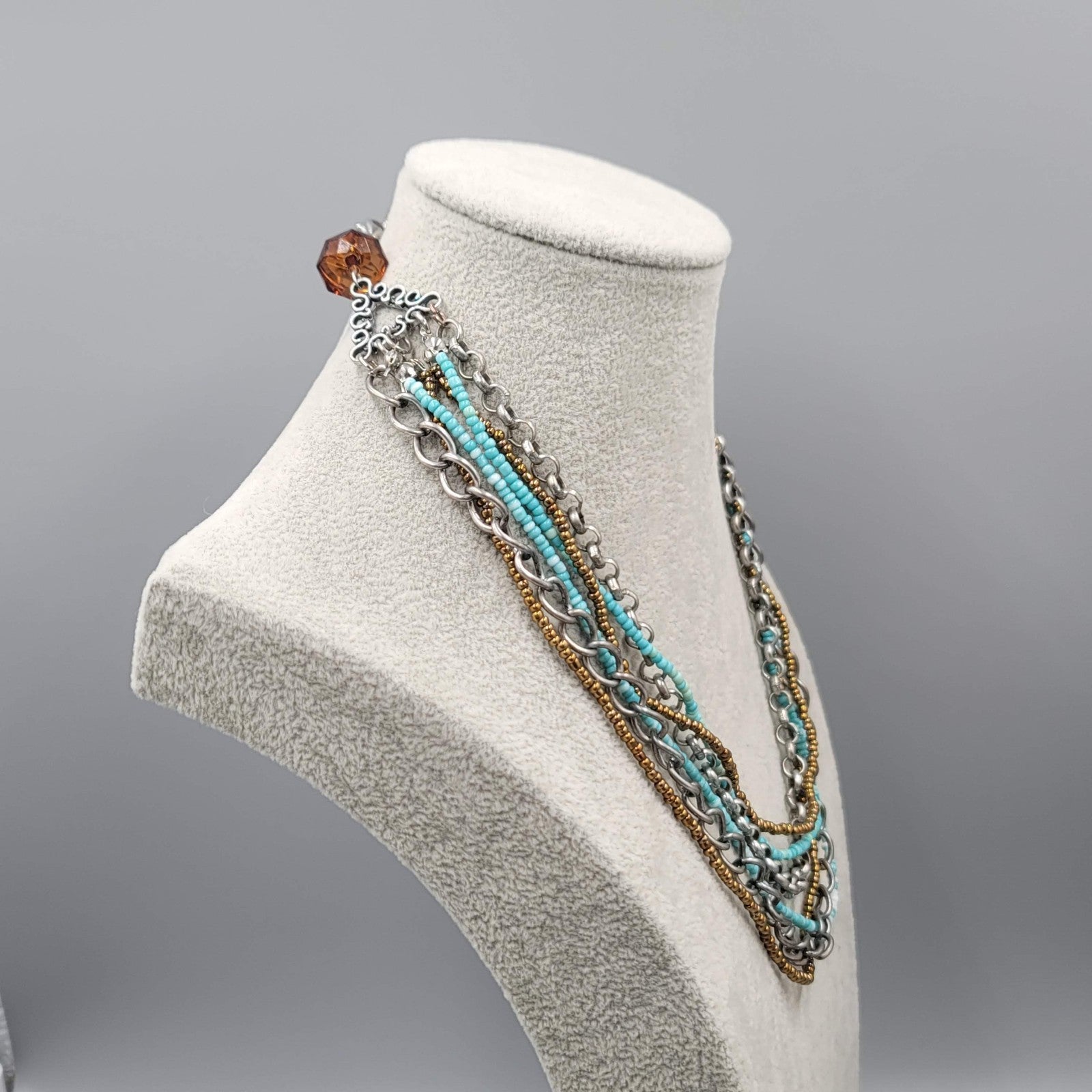 Blue Seed Bead Silver tone Chains Necklace 6 Strand 18"-20"