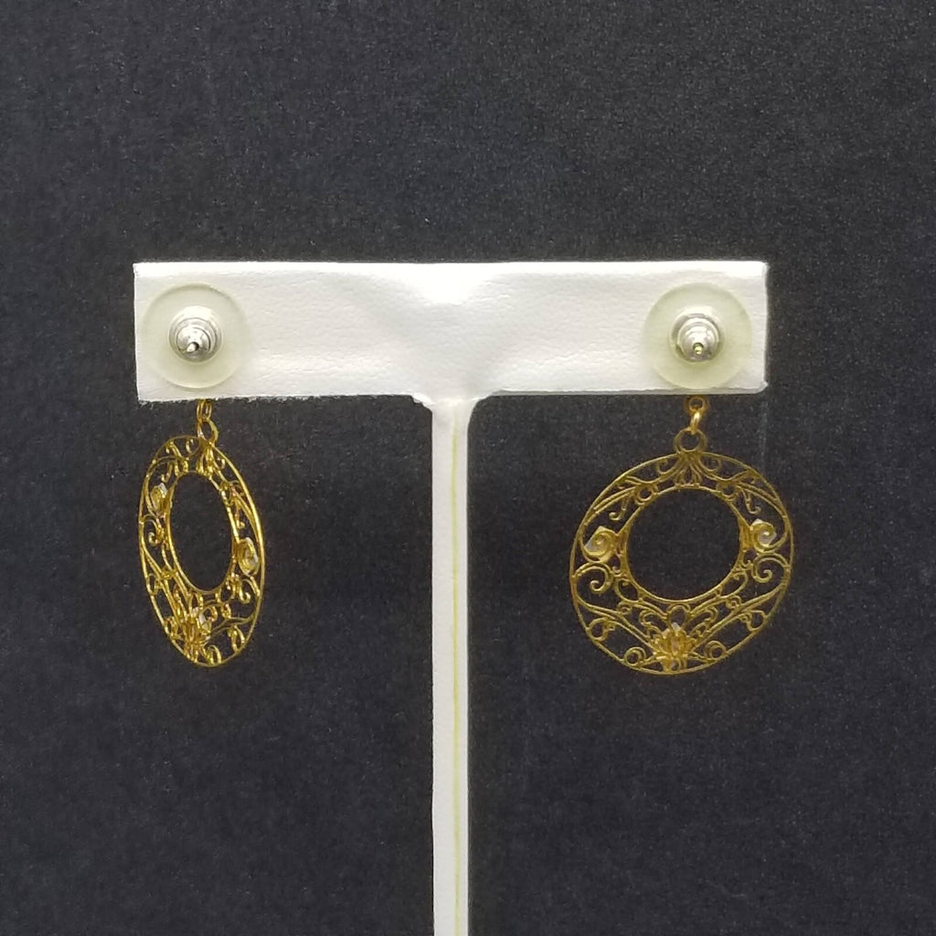 Pierced Earrings Gold tone Crystal Open Work Round Dangle 1 3/4"