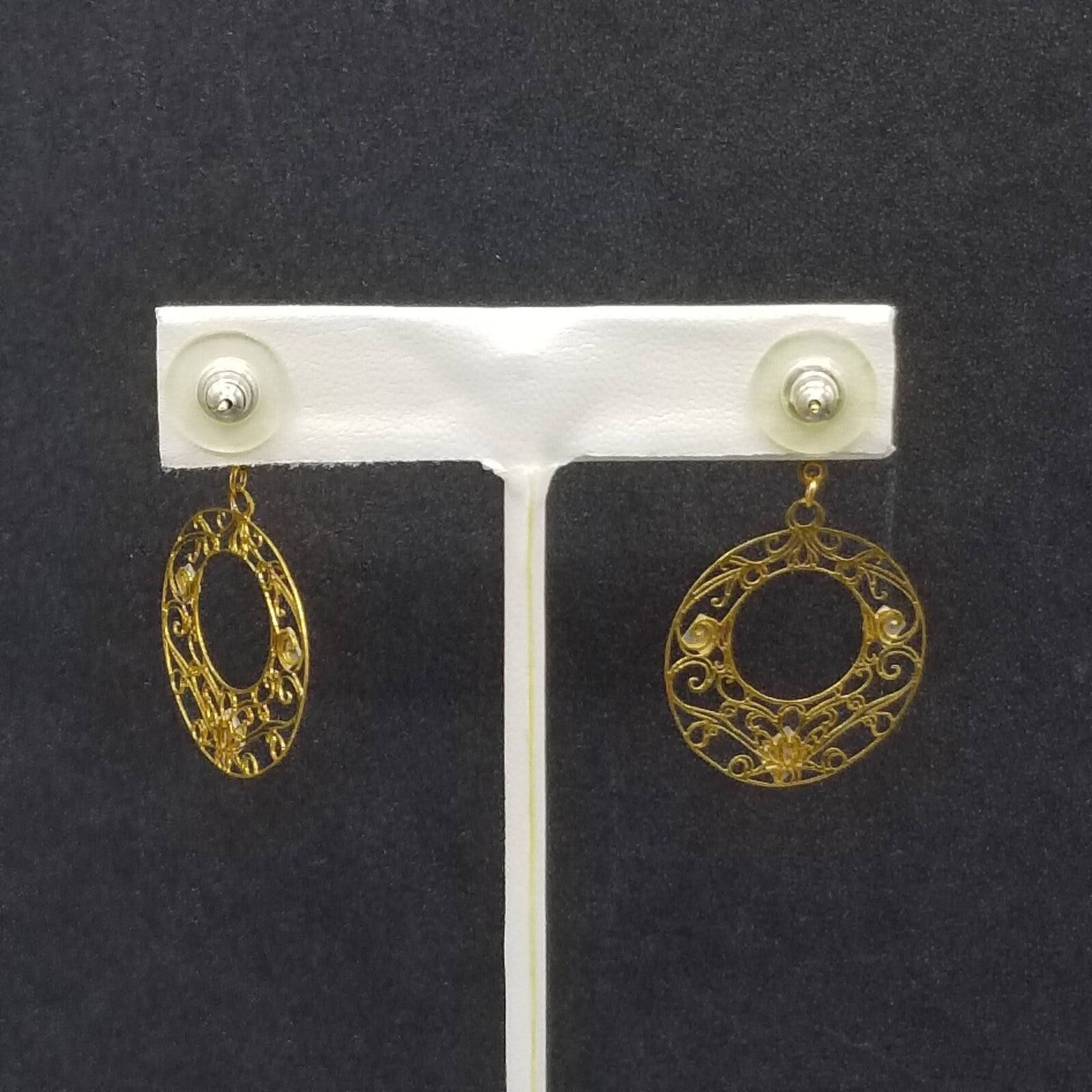 Pierced Earrings Gold tone Crystal Open Work Round Dangle 1 3/4"