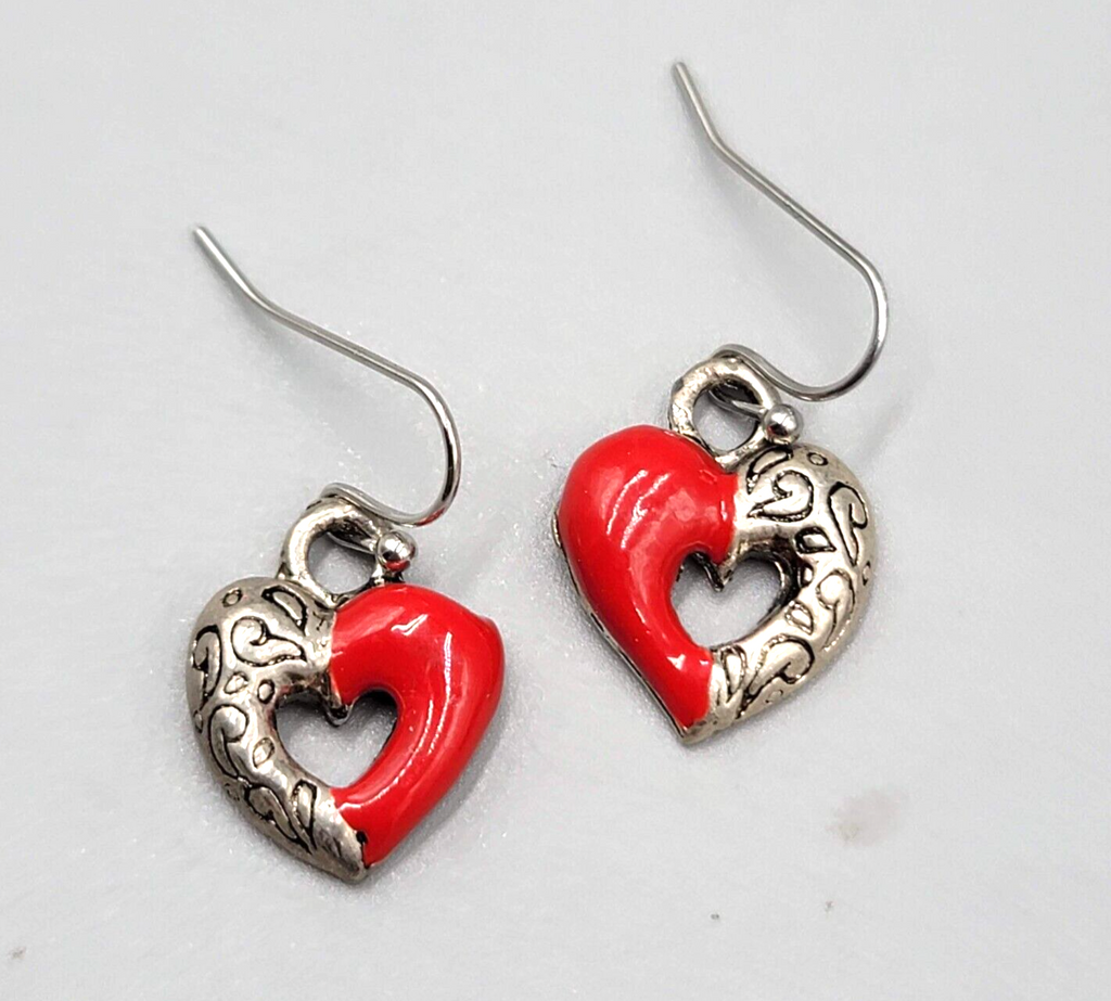 Heart Pierced Earrings Silver tone Red Enamel Dangle 5/8"