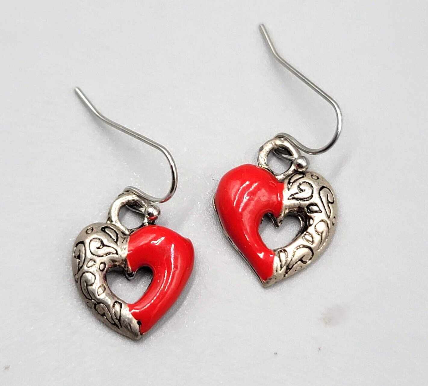 Heart Pierced Earrings Silver tone Red Enamel Dangle 5/8"