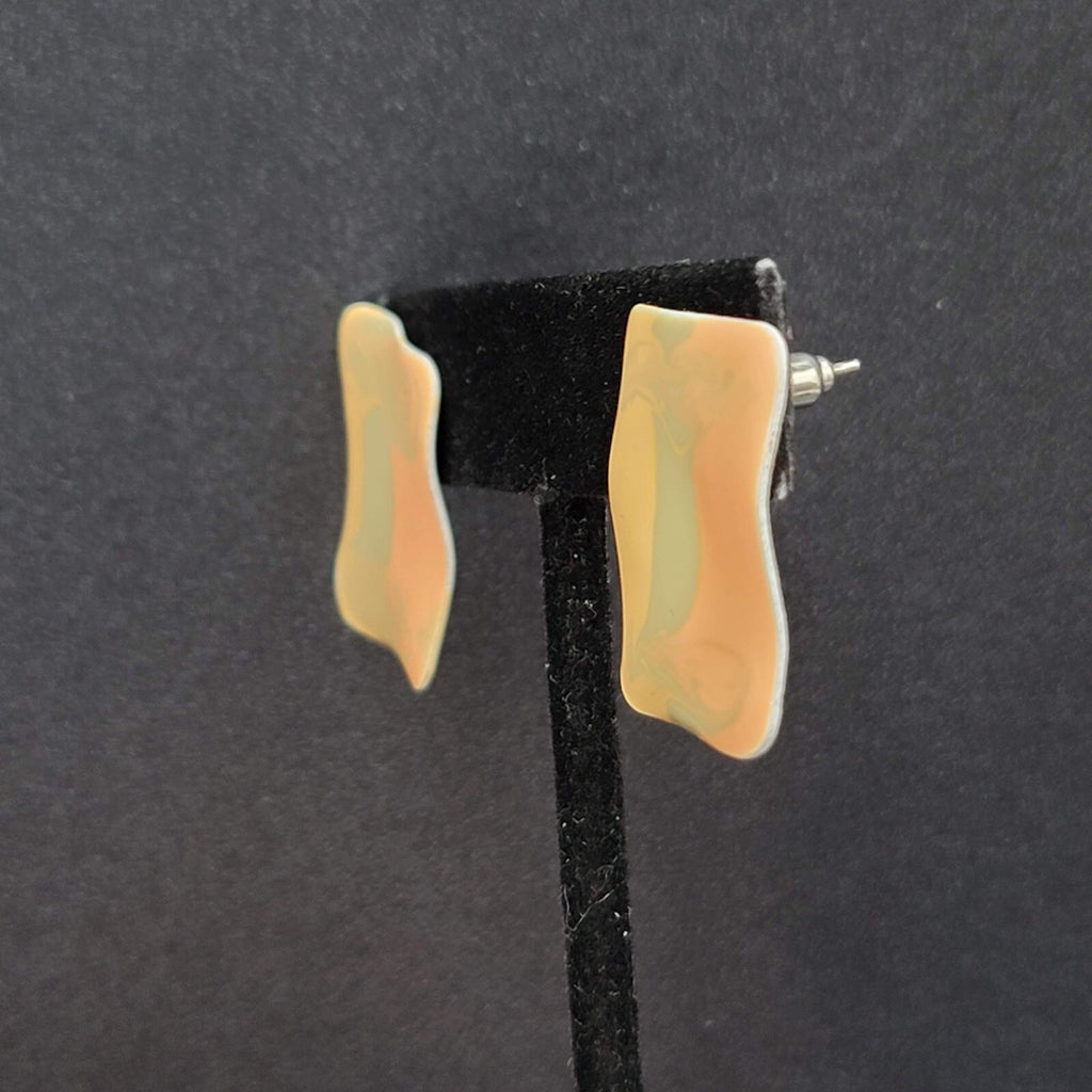 Vintage Pierced Earrings Peach Sage Enamel Rectangle Drop 1"